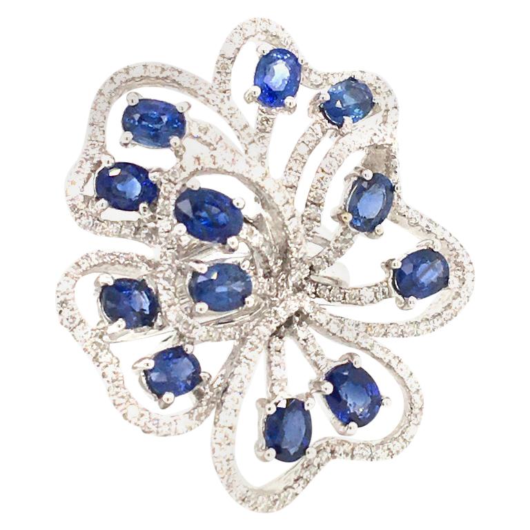 1.04 Diamond and 3.28 Blue Sapphire White Gold Flower Ring With Box For Sale