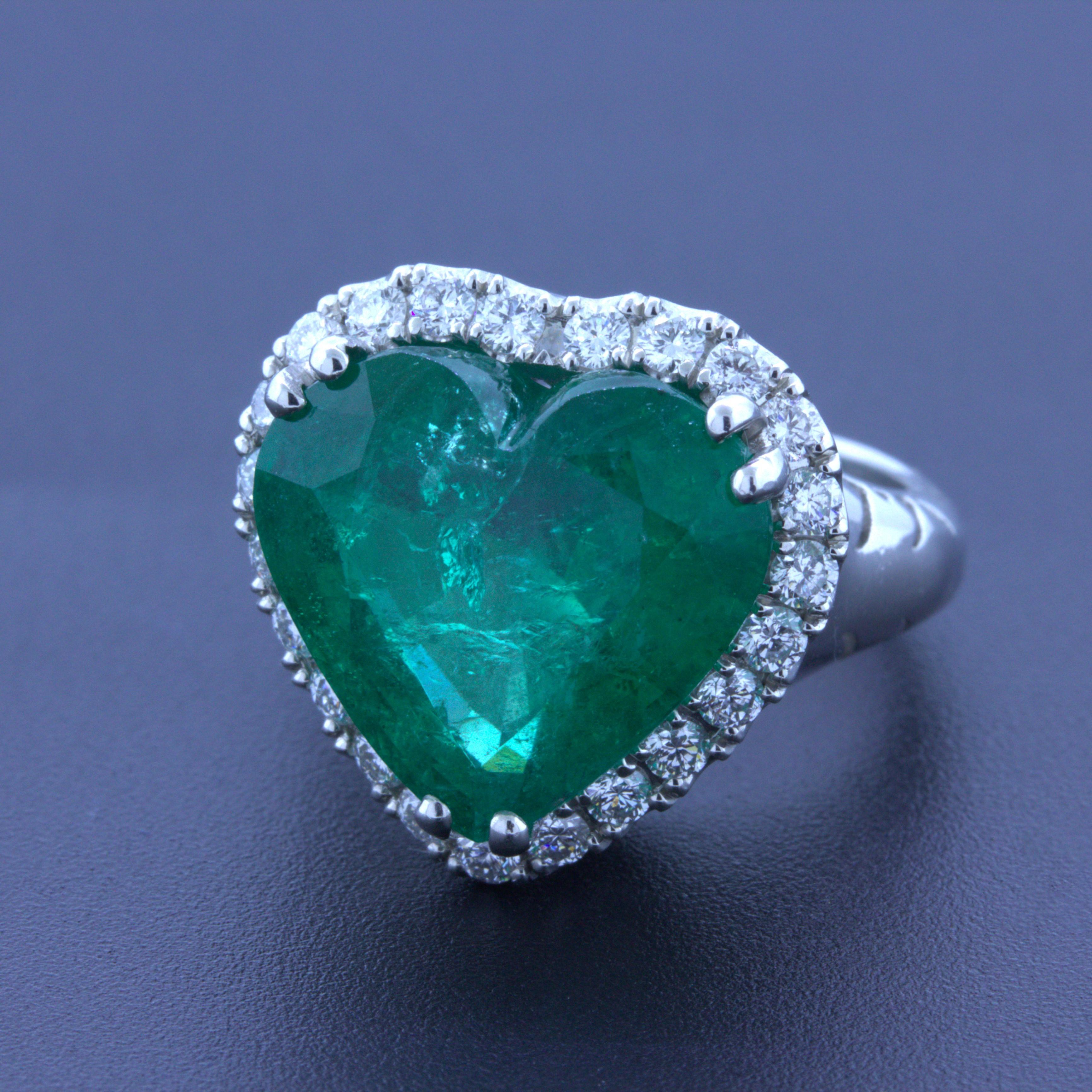 Heart Cut 10.40 Carat Colombian Emerald Heart-Shape Diamond Platinum Ring, AGL Certified For Sale