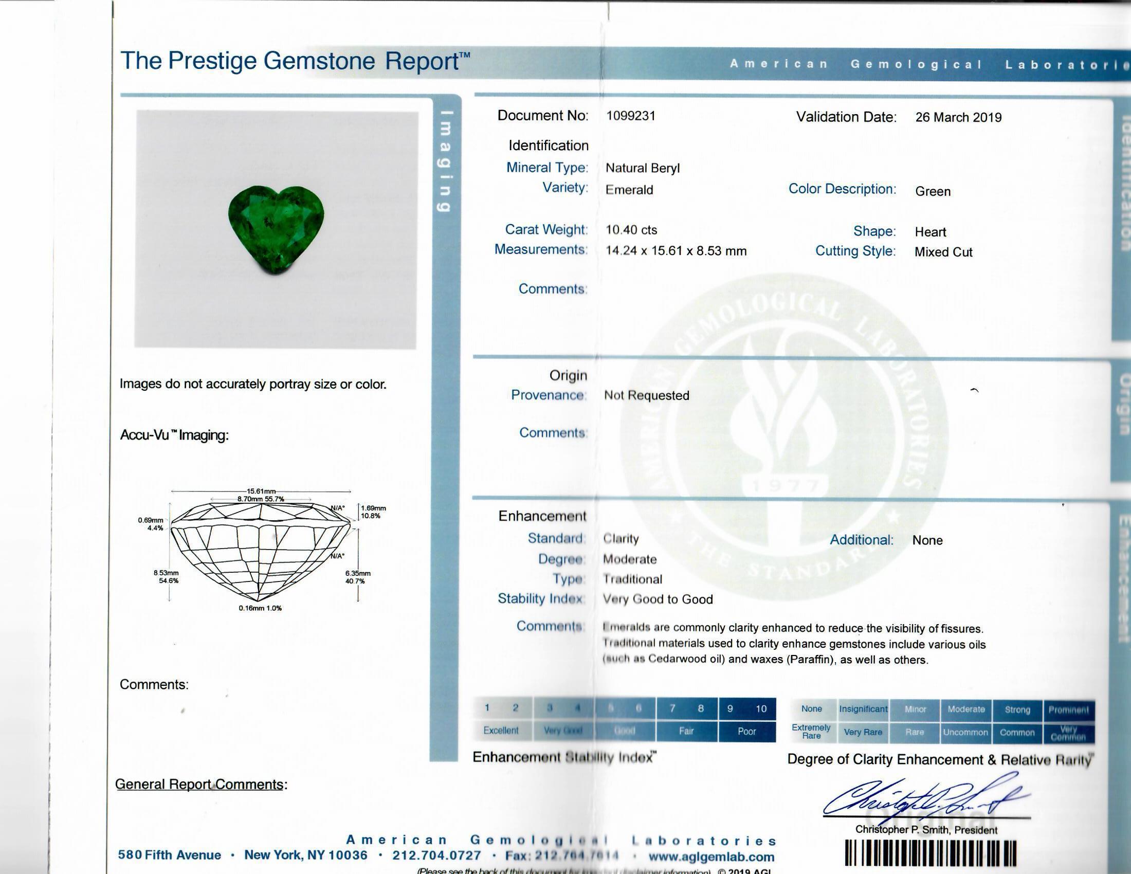 10.40 Carat Colombian Emerald Heart-Shape Diamond Platinum Ring, AGL Certified For Sale 2
