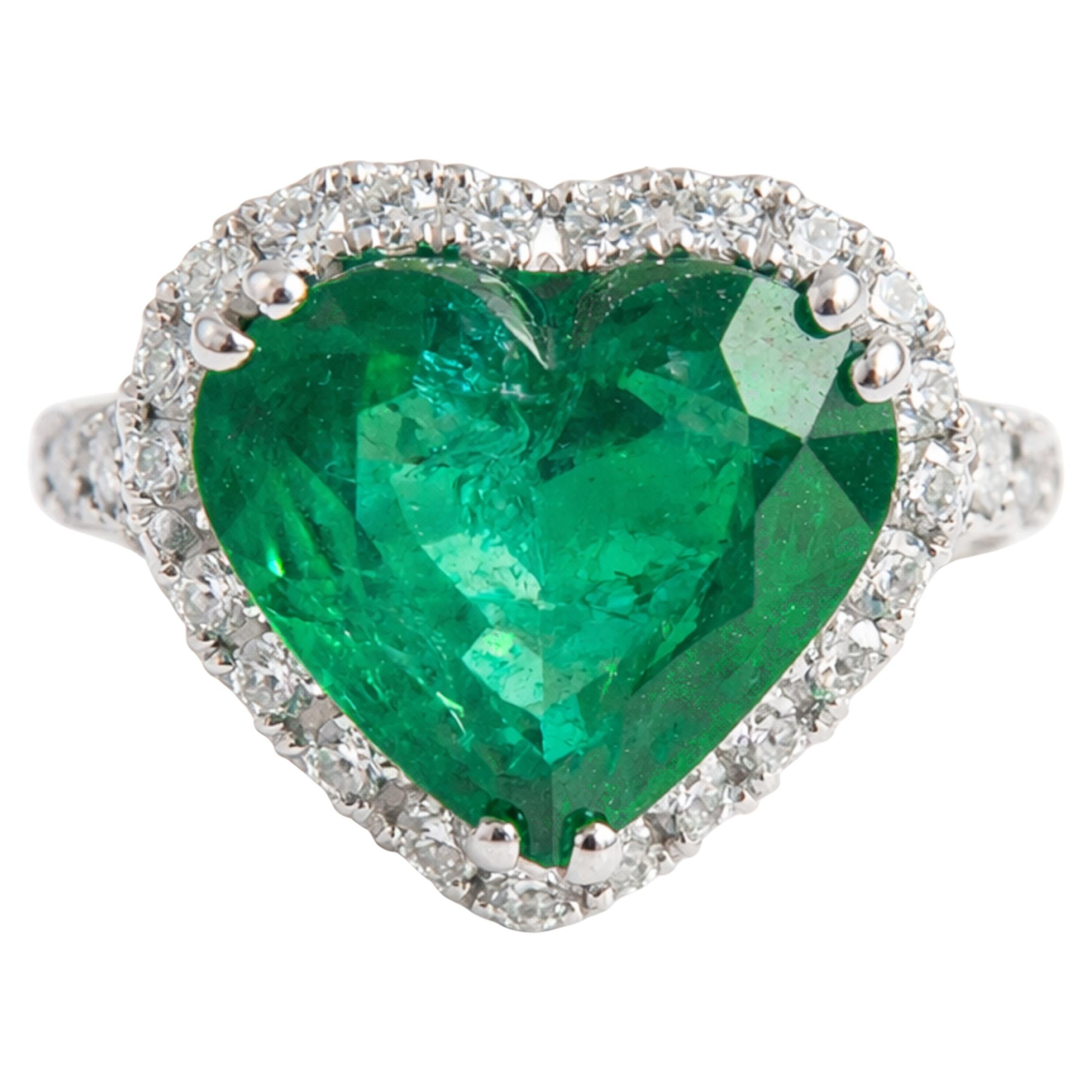 10.40 Carat Colombian Emerald Heart-Shape Diamond Platinum Ring, AGL Certified For Sale