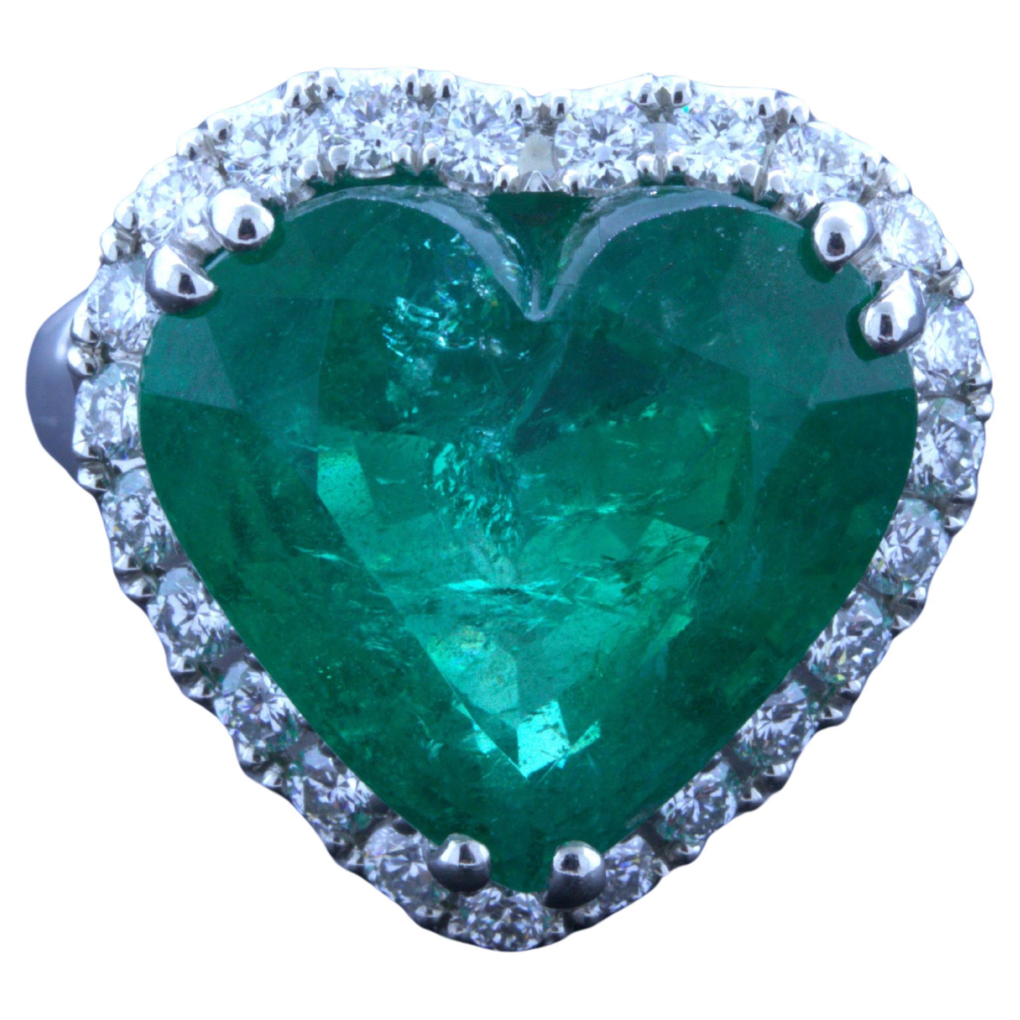 10.40 Carat Colombian Emerald Heart-Shape Diamond Platinum Ring, AGL Certified For Sale