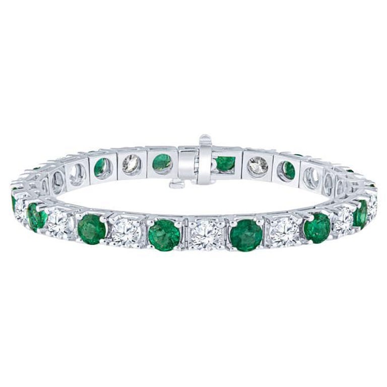 10.40 Carat Emerald & 8.50 Carat Diamond Tennis Bracelet, 14k White Gold For Sale