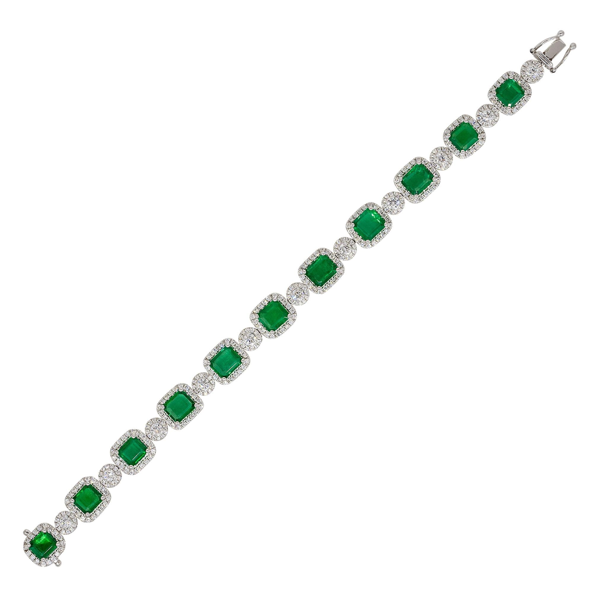 Material: 18k White gold
Diamond details: Approx. 3.17ctw of round cut diamonds. Diamonds are G/H in color and VS in clarity
Gemstone details: Approx. 10.40ctw of emerald gemstones.
Clasps: Tongue in box
Total Weight: 24.4g (15.7dwt)
Bracelet