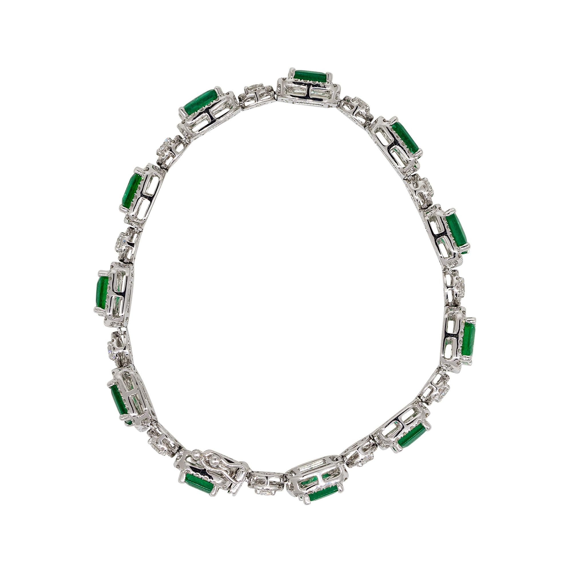 Emerald Cut 10.40 Carat Emeralds with Diamond Halo Link Bracelet 18 Karat in Stock