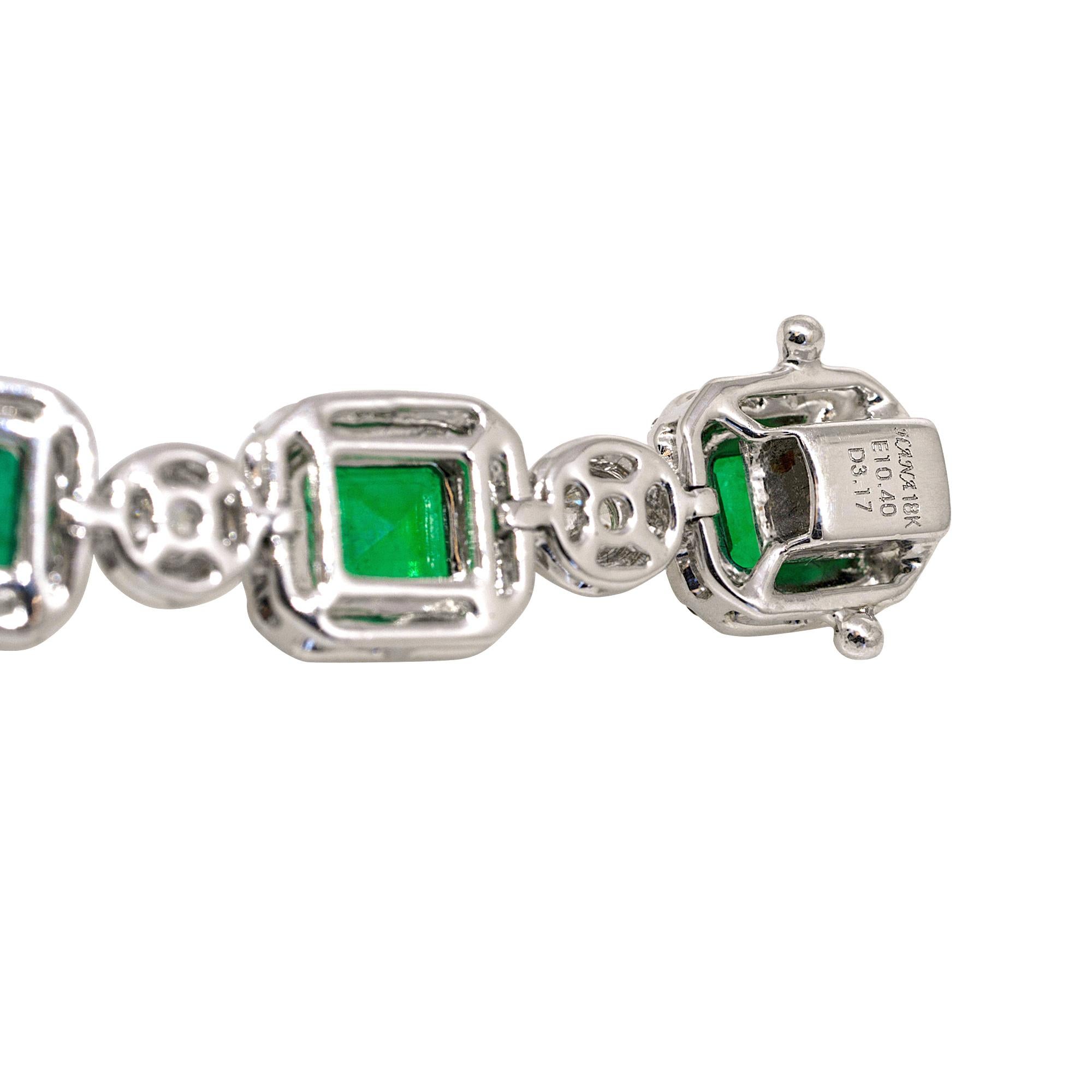 10.40 Carat Emeralds with Diamond Halo Link Bracelet 18 Karat in Stock 1