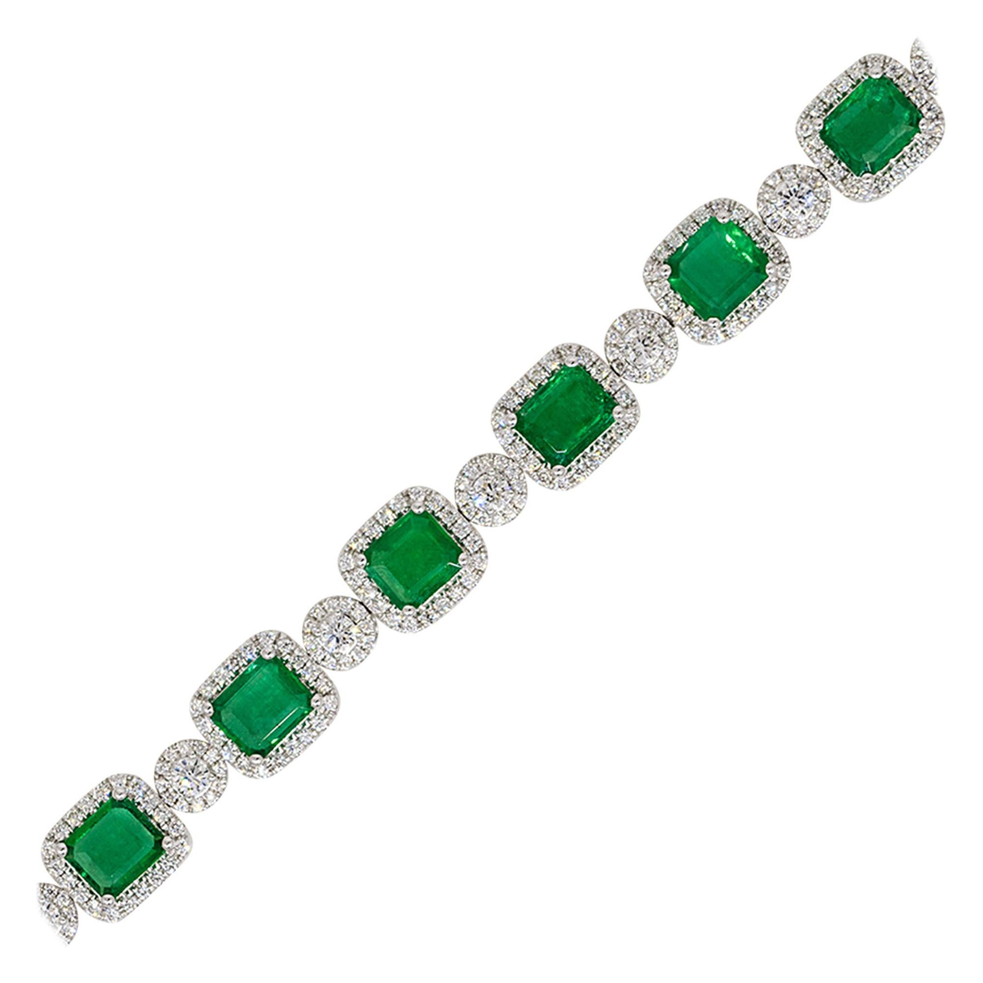 10.40 Carat Emeralds with Diamond Halo Link Bracelet 18 Karat in Stock