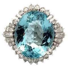 10.40 Carat Oval Aquamarine and Diamond Platinum Statement Vintage Cocktail Ring