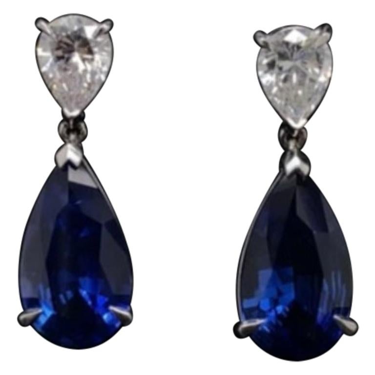 10.40 Carat Sapphire and Diamond Pear on Pear Drop Earrings 18 Karat White Gold For Sale