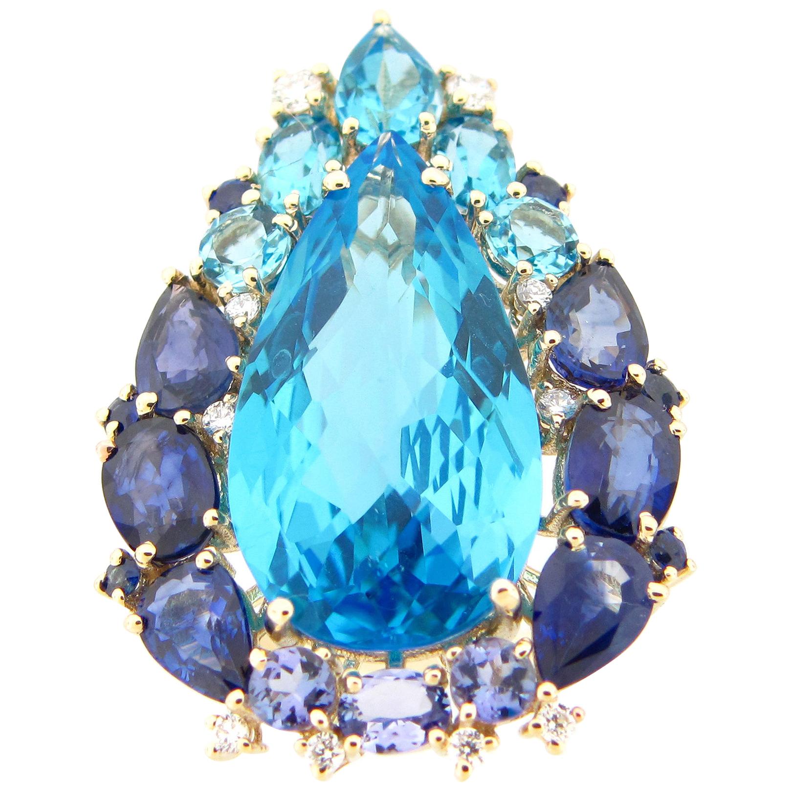 10.40 Carat Swiss Blue Topaz Tanzanite Sapphire and Diamond Ring