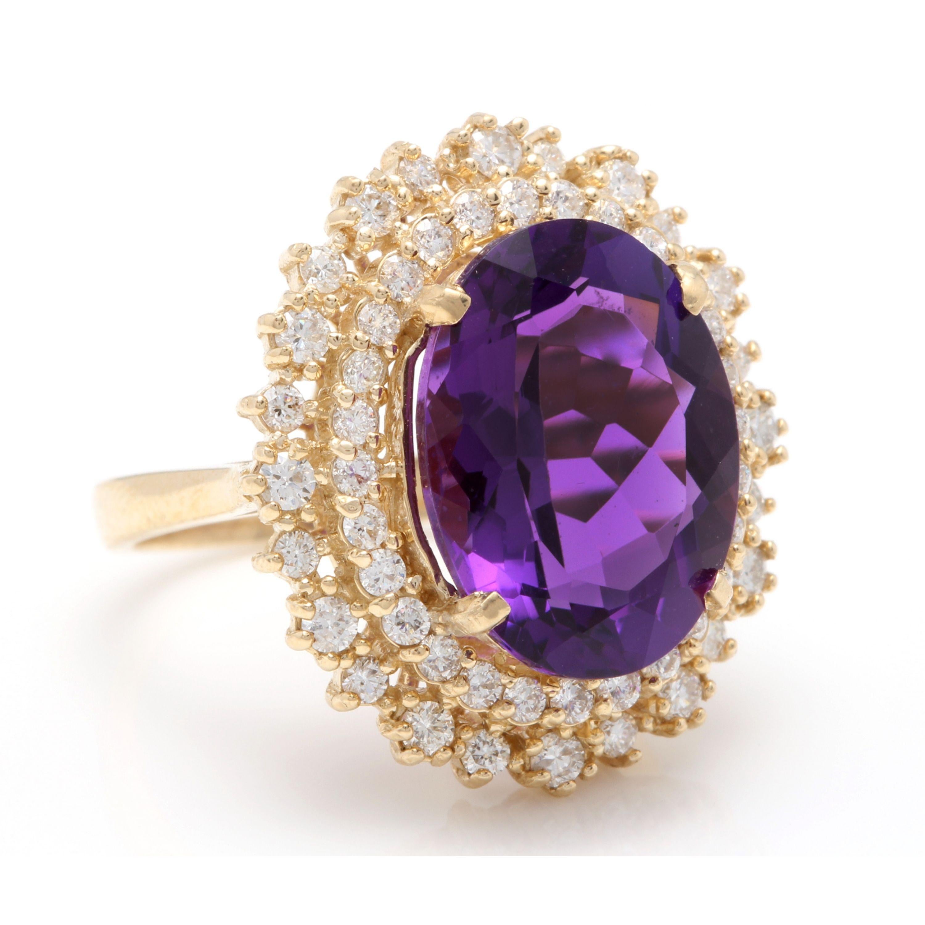 10.40 Carats Natural Impressive Amethyst and Diamond 14K Yellow Gold Ring

Total Natural Amethyst Topaz Weight: Approx. 9.00 Carats

Amethyst Measures: Approx. 16 x 12mm

Natural Round Diamonds Weight: Approx. 1.40 Carats (color G-H / Clarity