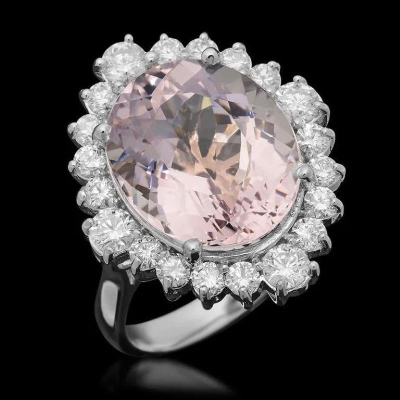 Mixed Cut 10.40 Carats Natural Pink Kunzite and Diamond 14K Solid White Gold Ring For Sale