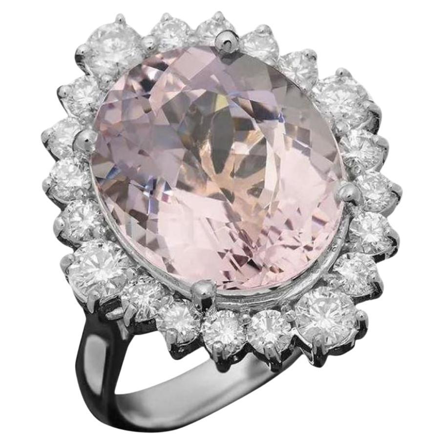 10.40 Carats Natural Pink Kunzite and Diamond 14K Solid White Gold Ring For Sale