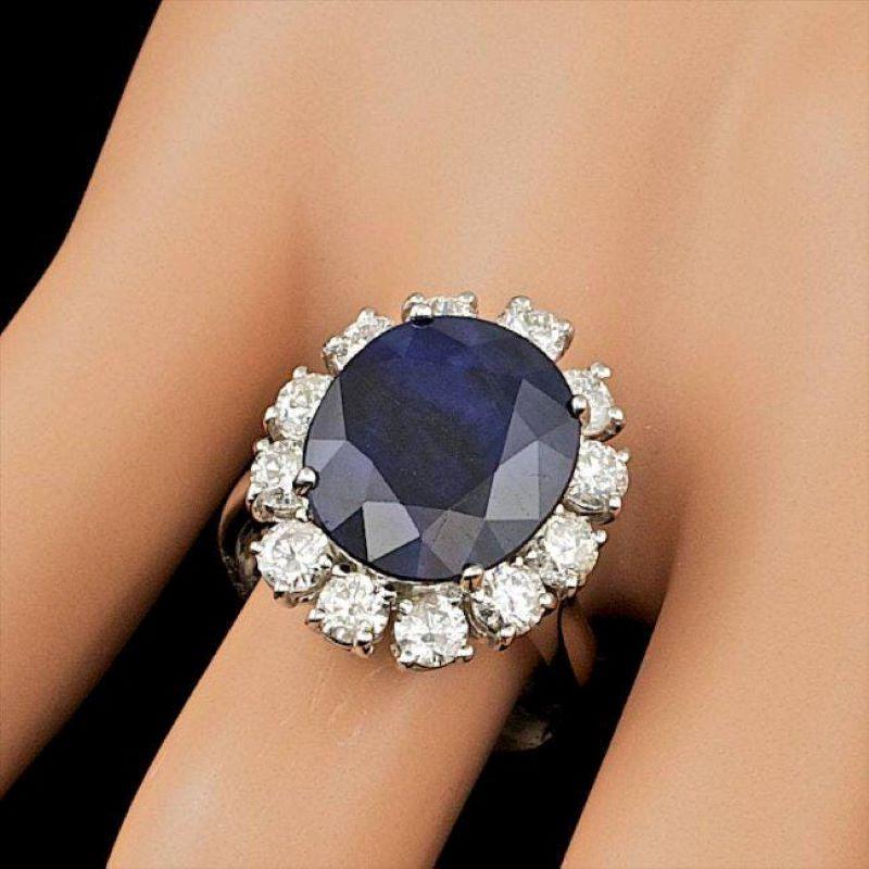 Mixed Cut 10.40 Carats Natural Sapphire and Diamond 14K Solid White Gold Ring For Sale