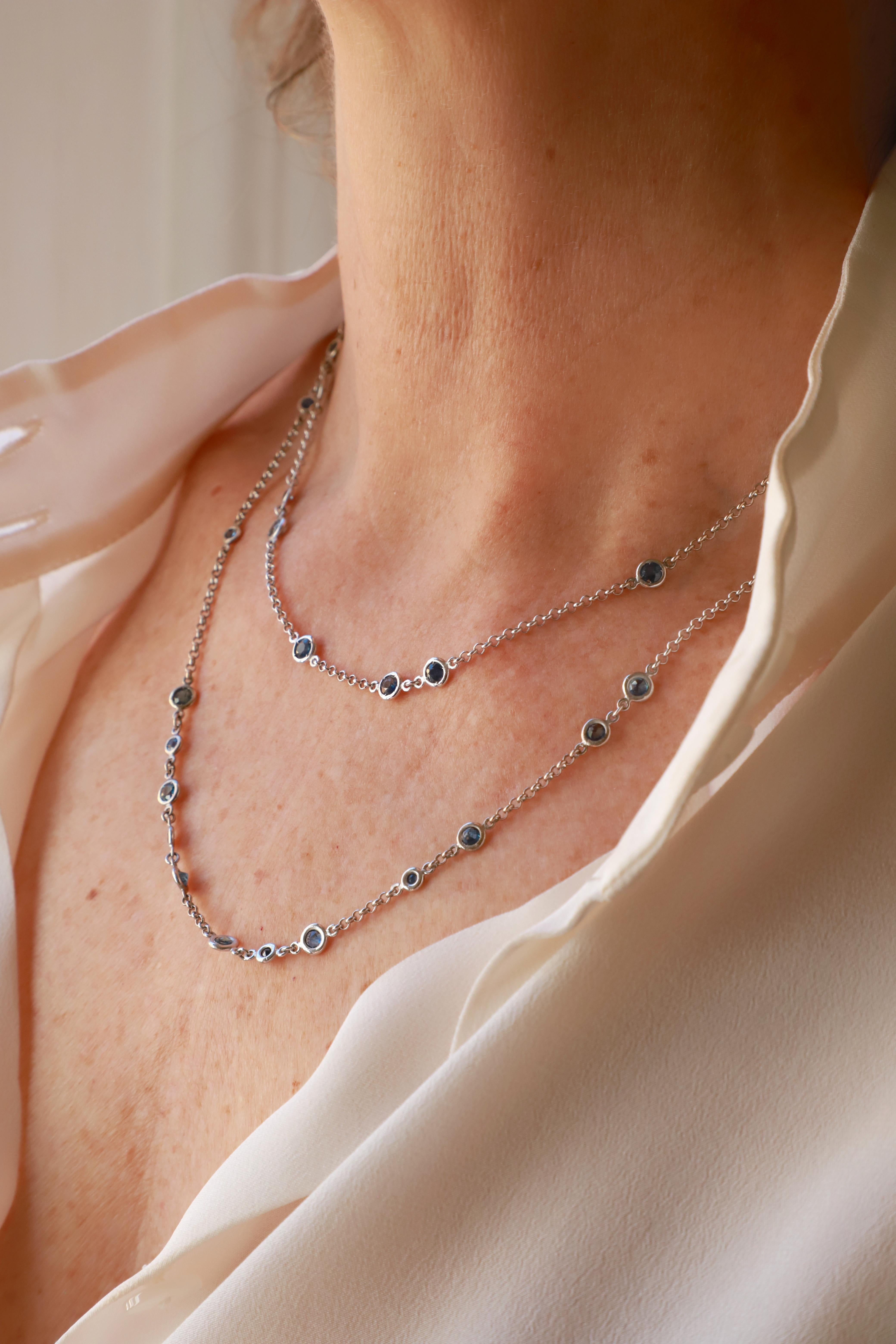 10.40 Karats Sapphires 18 Karats White Gold Blue Sautoir Long Chain Necklace For Sale 6