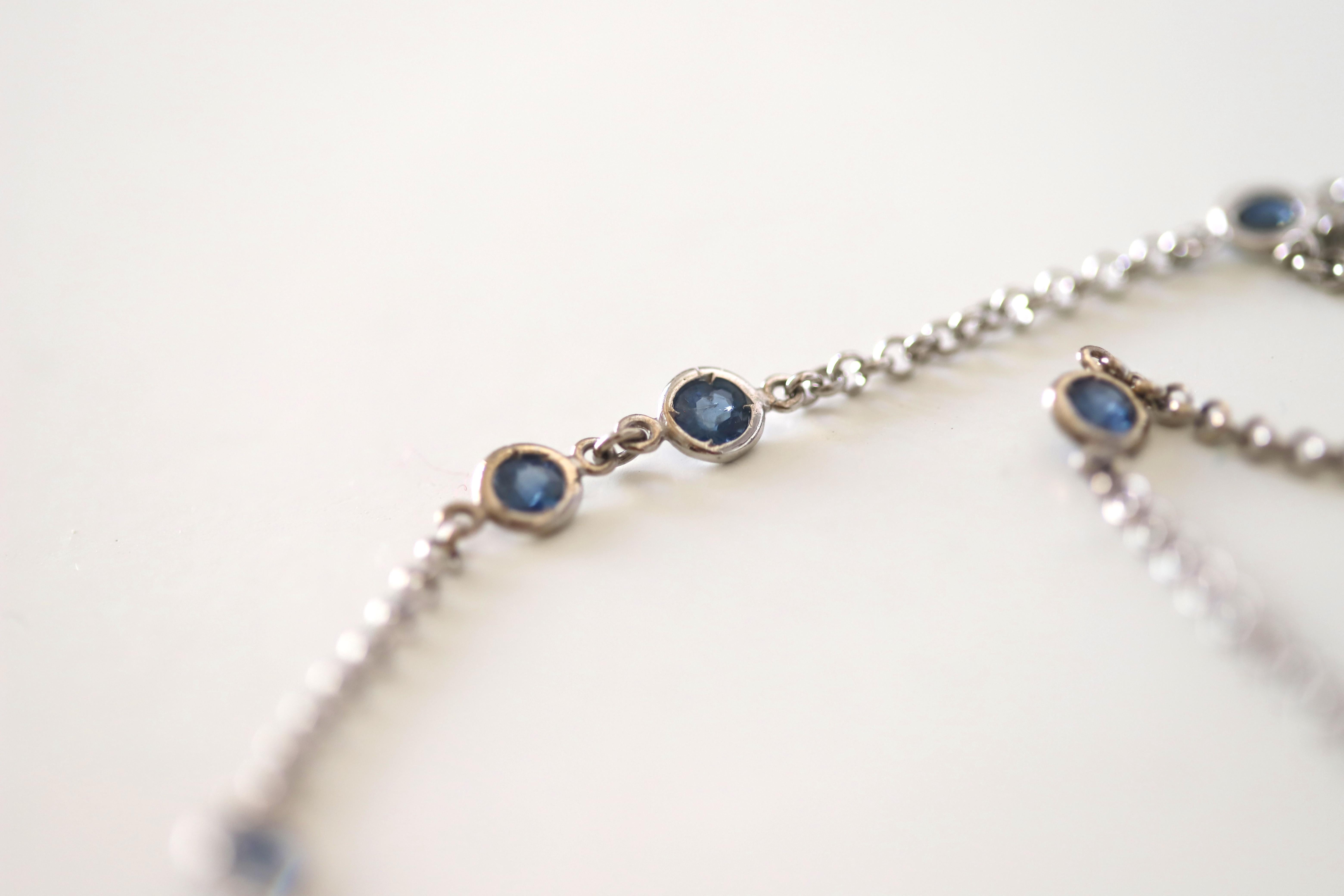 10.40 Karats Sapphires 18 Karats White Gold Blue Sautoir Long Chain Necklace For Sale 1