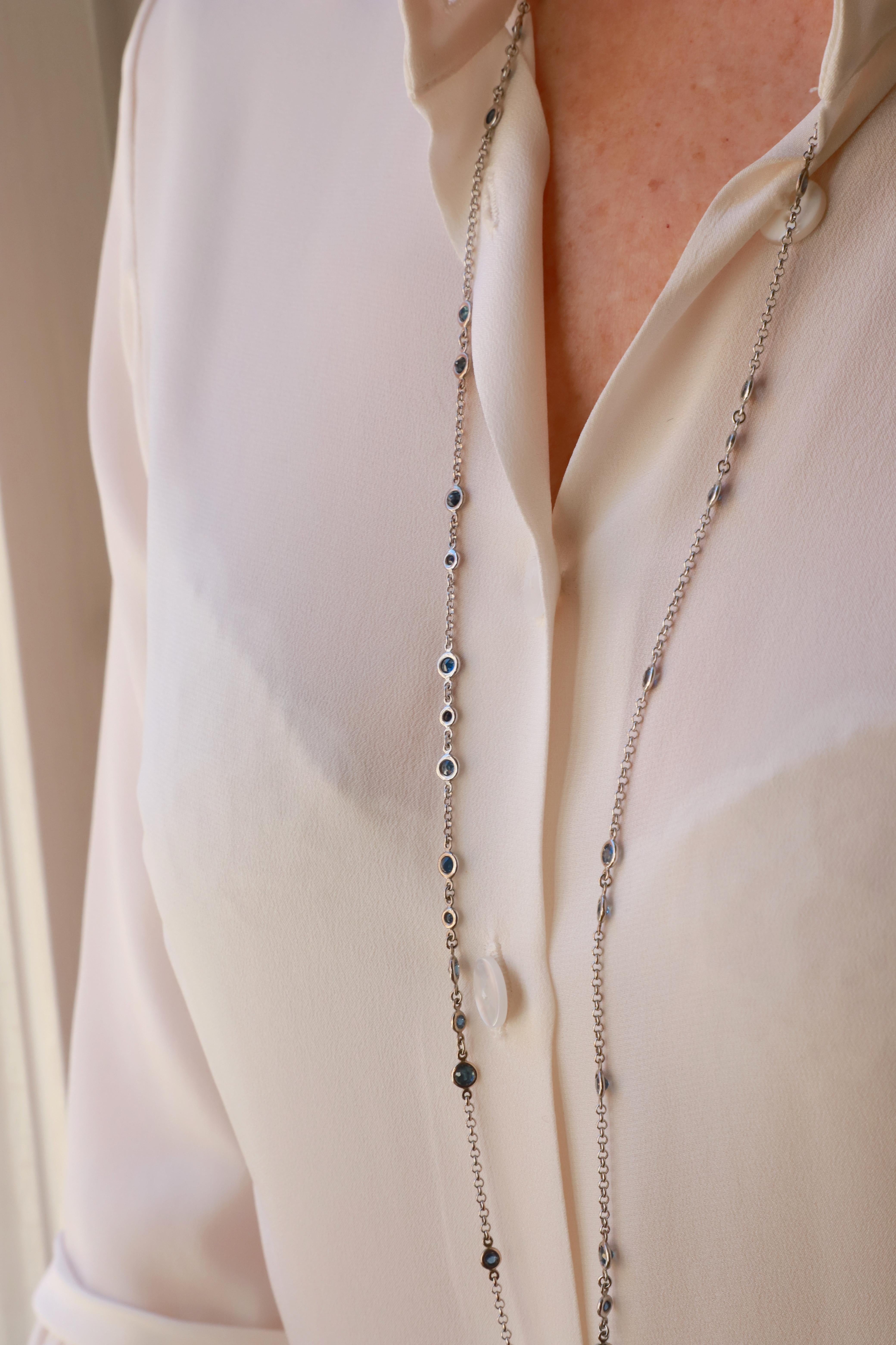 10.40 Karats Sapphires 18 Karats White Gold Blue Sautoir Long Chain Necklace For Sale 2