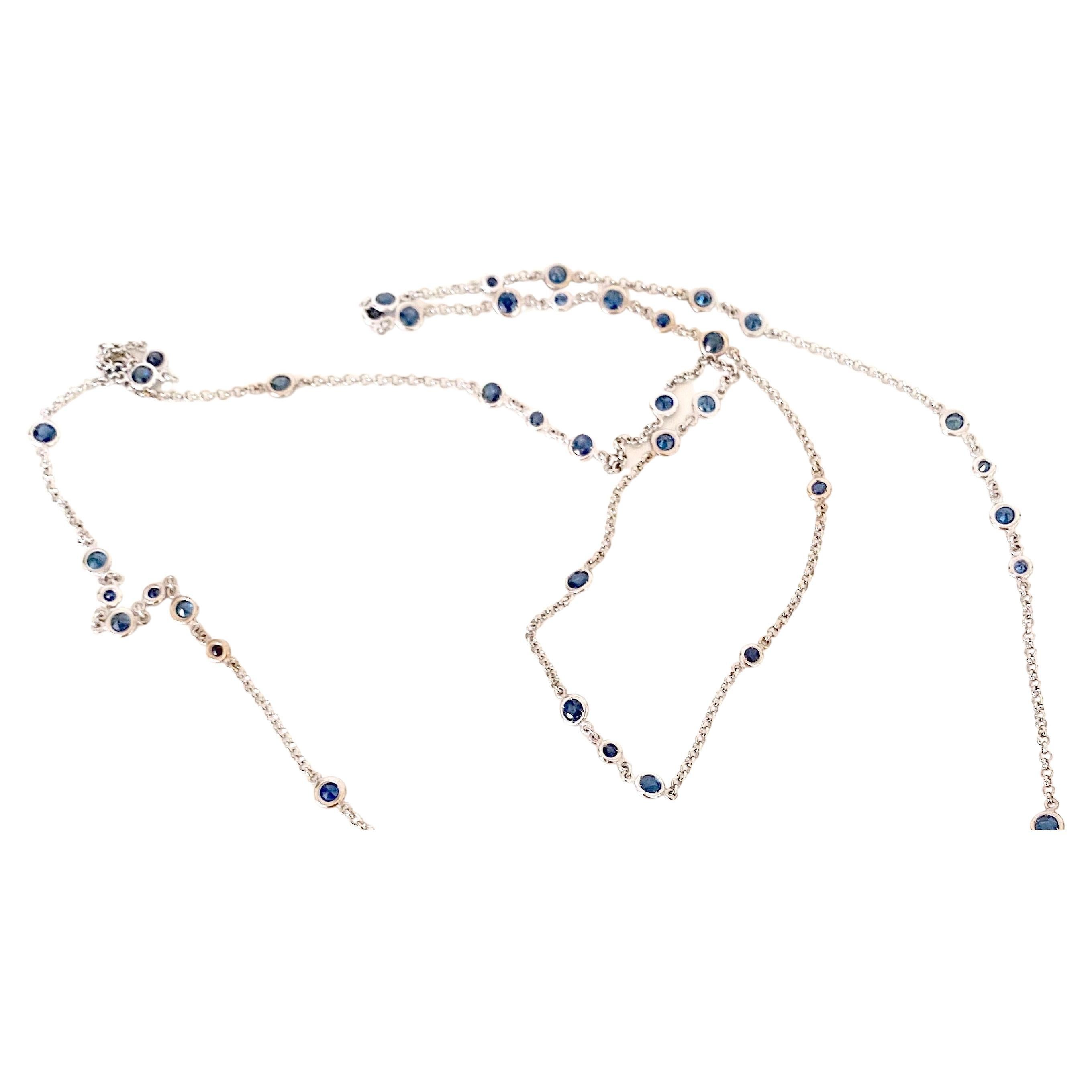 Women's or Men's 10.40 Karats Sapphires 18 Karats White Gold Blue Sautoir Long Chain Necklace For Sale