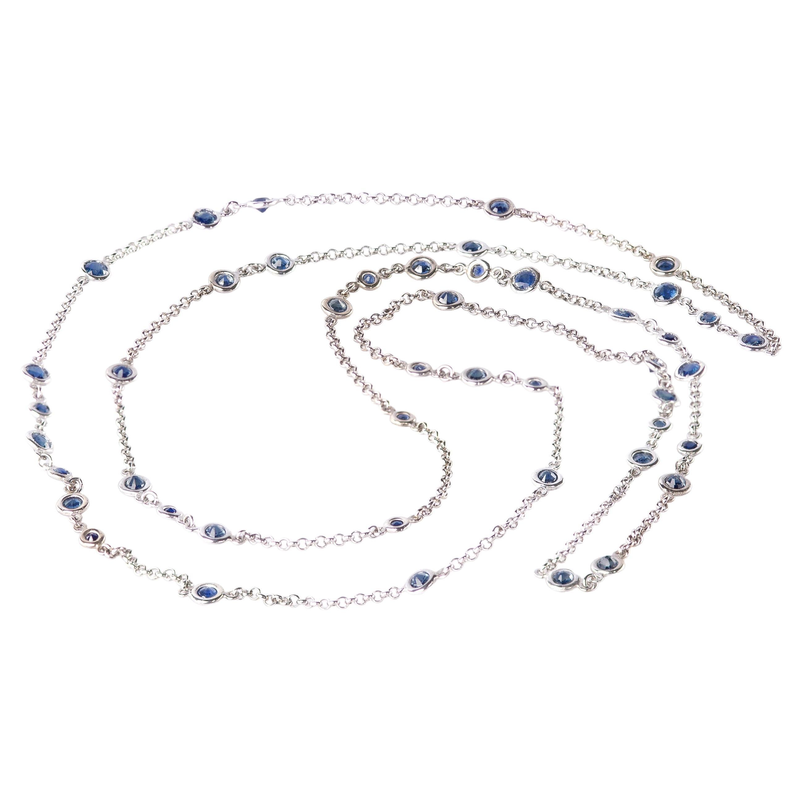 10.40 Karats Sapphires 18 Karats White Gold Blue Sautoir Long Chain Necklace For Sale