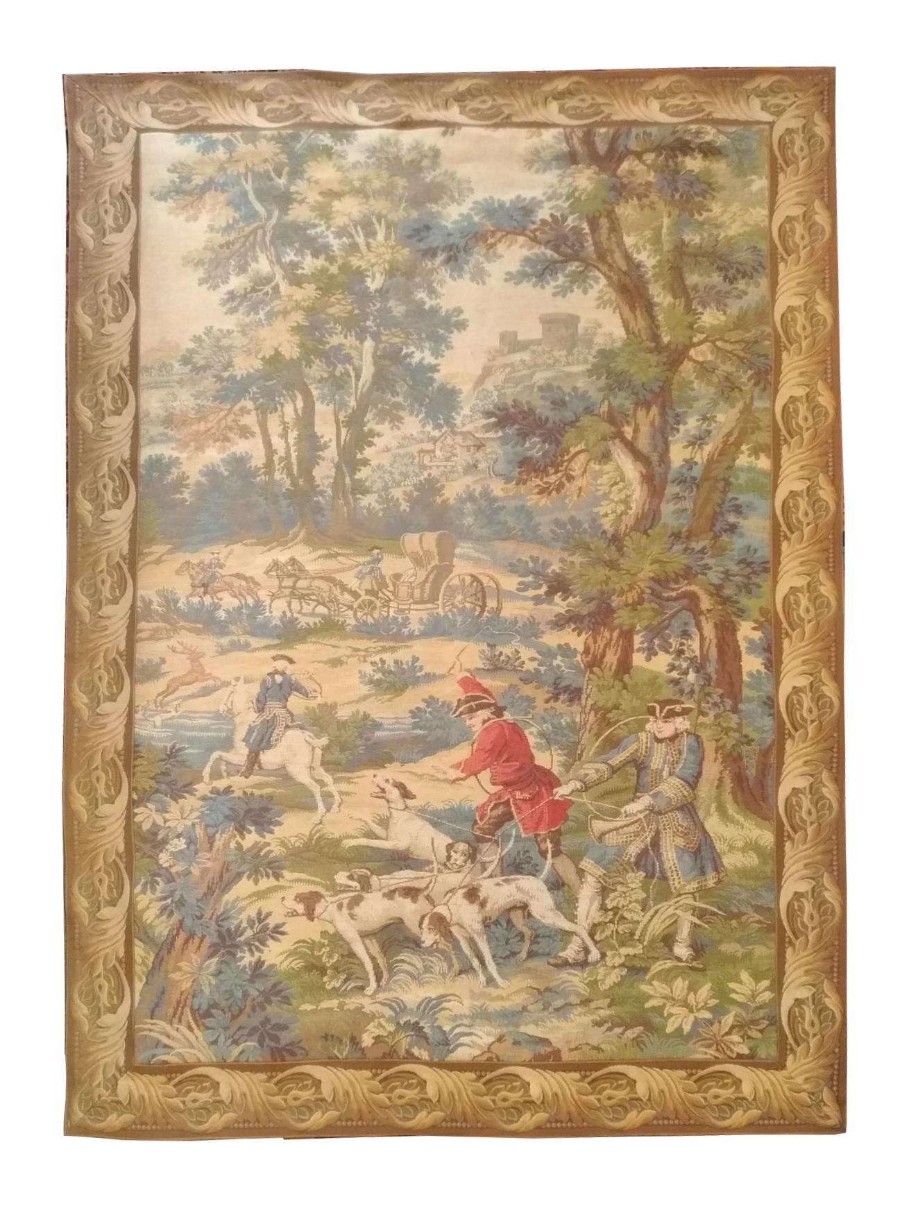 1040 - Vintage Aubusson Style Tapestry Hunting Drawing, France For Sale 4