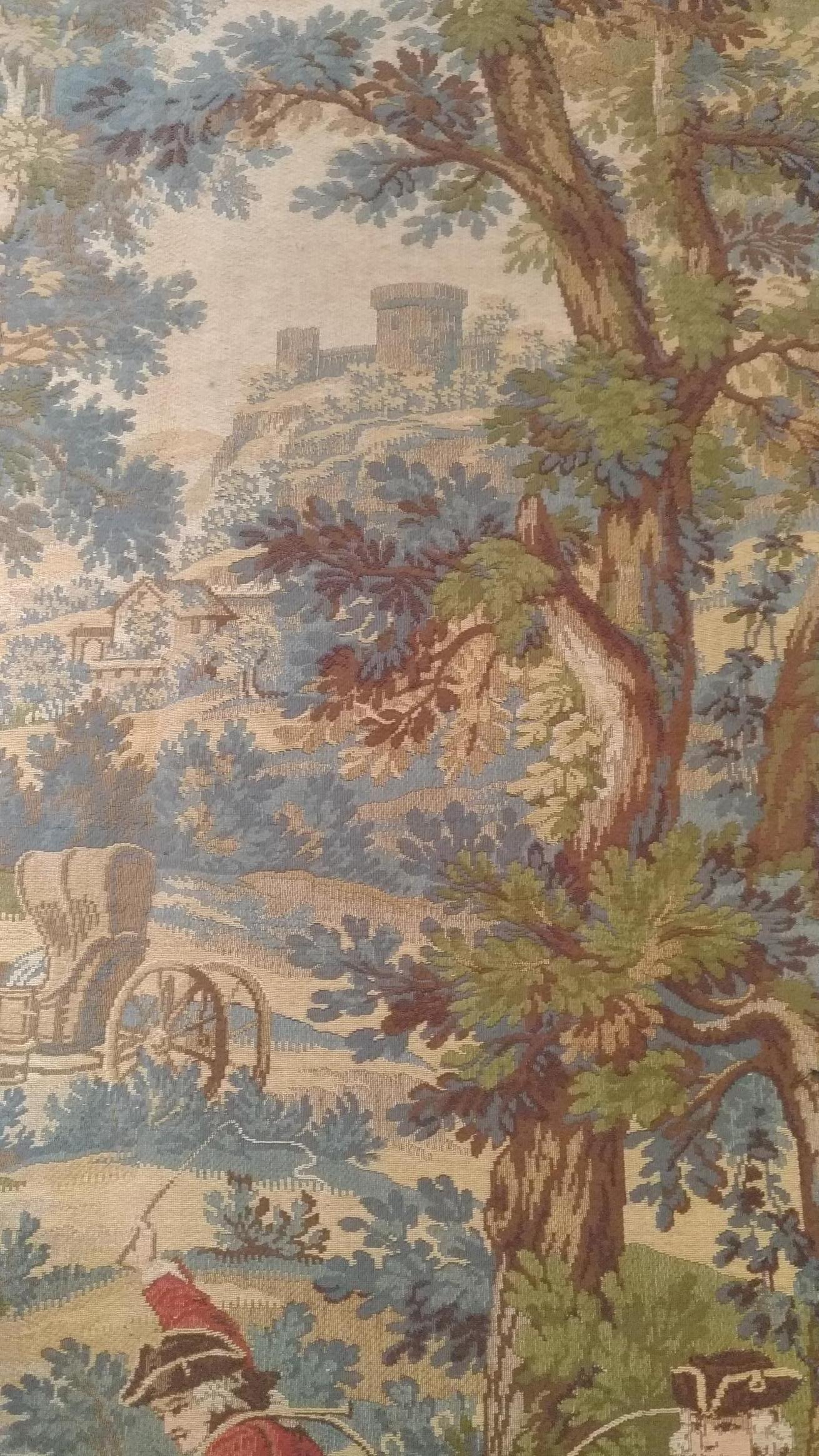 1040 - Beautiful vintage French Aubusson-style tapestry with a pretty hunting pattern and beautiful colors, entirely woven with wool in the 