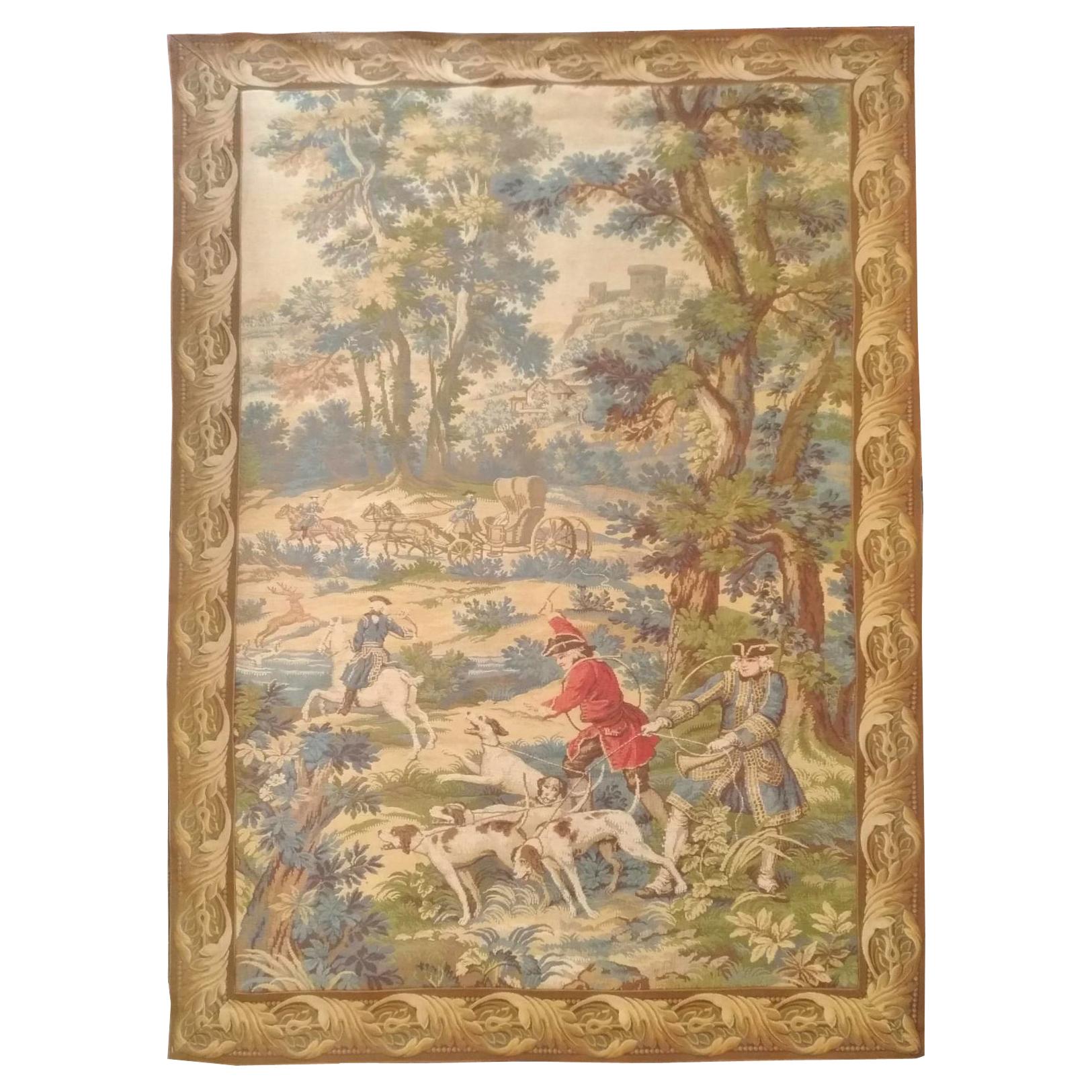 1040 - Vintage Aubusson Style Tapestry Hunting Drawing, France
