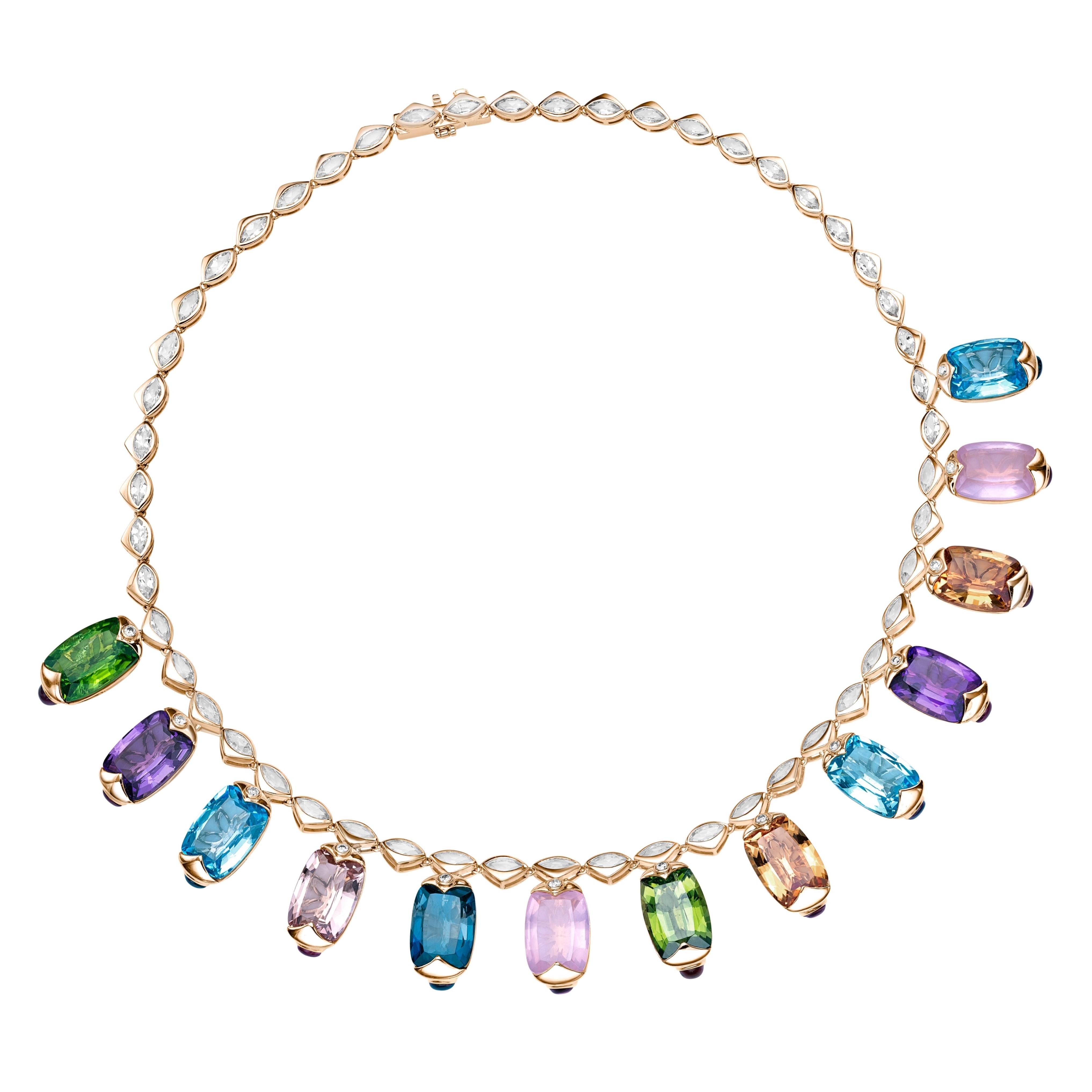 Contemporary 104.04 Carat Multi Gemstone Necklace in 18Karat Yellow Gold with Diamond.
