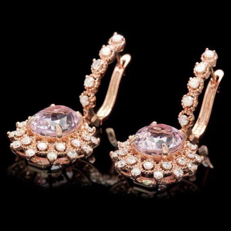 10.40ct Natural Kunzite and Diamond 14K Solid Rose Gold Earrings

Total Natural Oval Cut Kunzites Weight: Approx. 8.90 Carats 

Kunzites Measures: 11 x 9 mm

Total Natural Round Cut White Diamonds Weight: 1.50 Carats (color G-H / Clarity