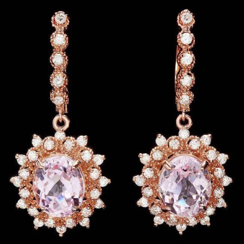 Mixed Cut 10.40ct Natural Kunzite and Diamond 14K Solid Rose Gold Earrings For Sale