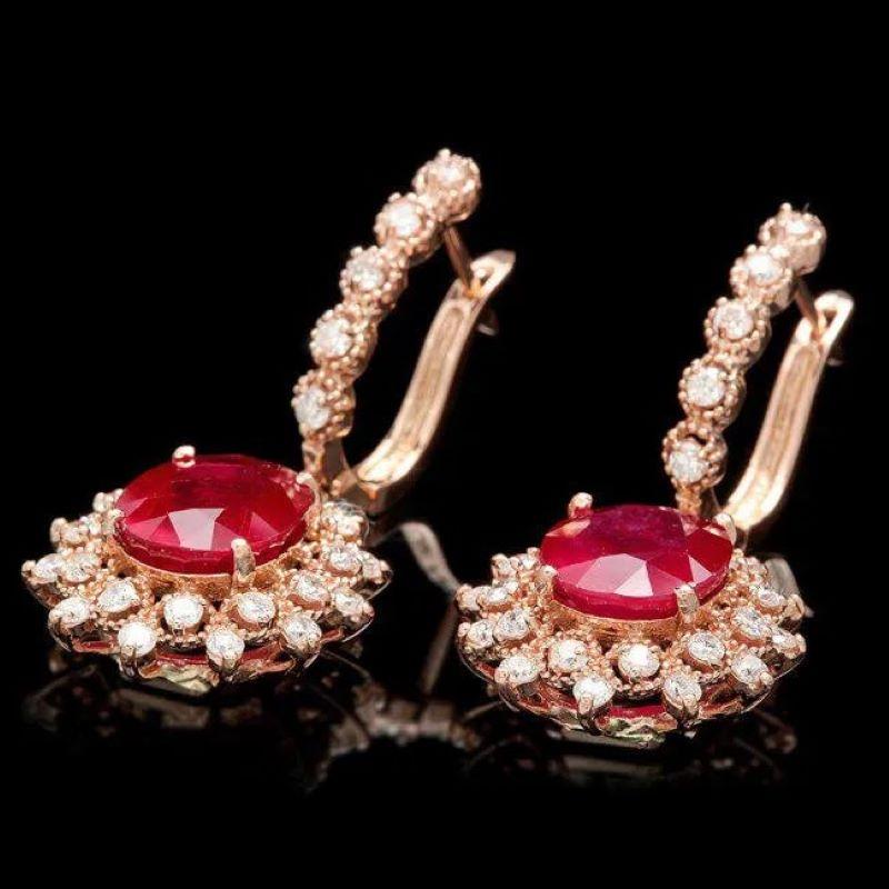 10.40Ct Natural Ruby and Diamond 14K Solid Rose Gold Earrings

Total Natural Rubies Weight: Approx.  8.90 Carats

Ruby  Measures: Approx. 11 x 9 mm

Ruby Treatment: Fracture Filling

Total Natural Round Cut Diamonds Weight: Approx.  1.50 Carats