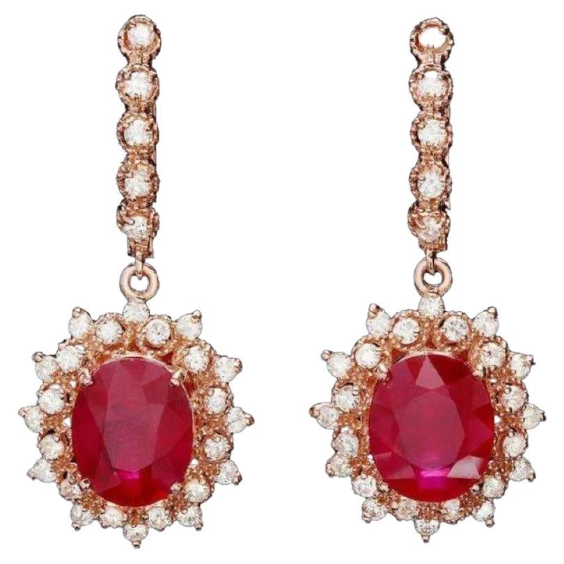 10.40ct Natural Ruby and Diamond 14K Solid Rose Gold Earrings For Sale