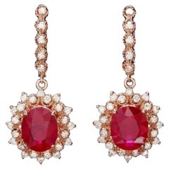 Boucles d'oreilles en or rose massif 14 carats avec rubis naturel de 10,40 carats et diamants