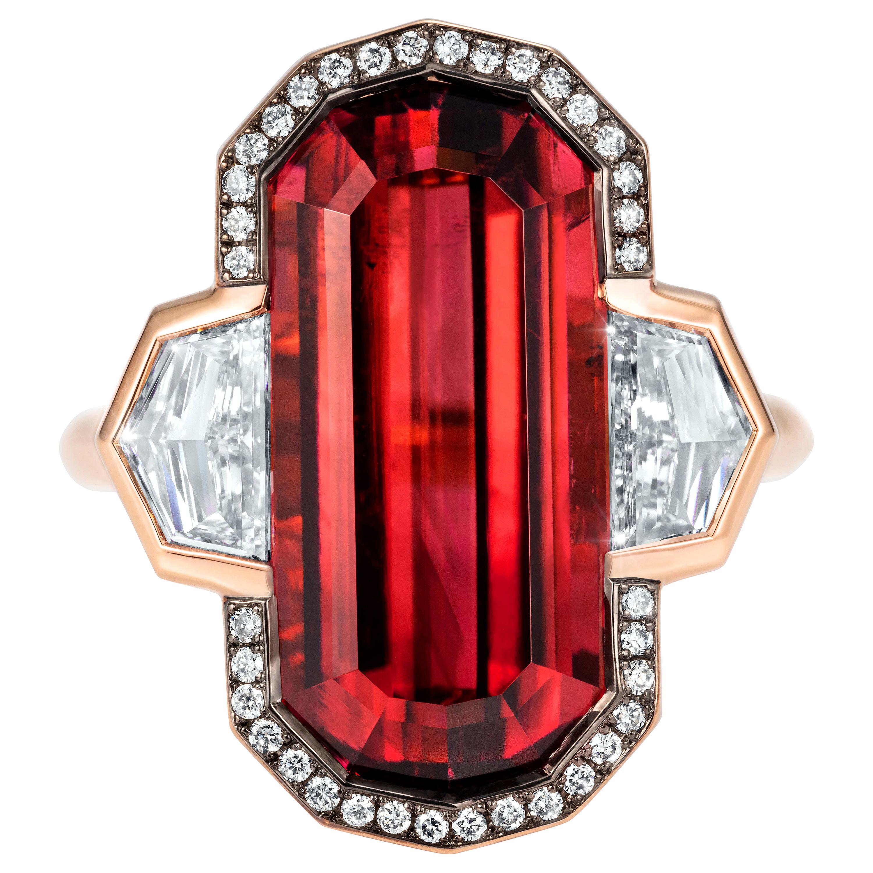 Marcel Salloum 0.41 Ct Decagonal Rubellite Diamond Ring in 18 Karat Rose Gold For Sale