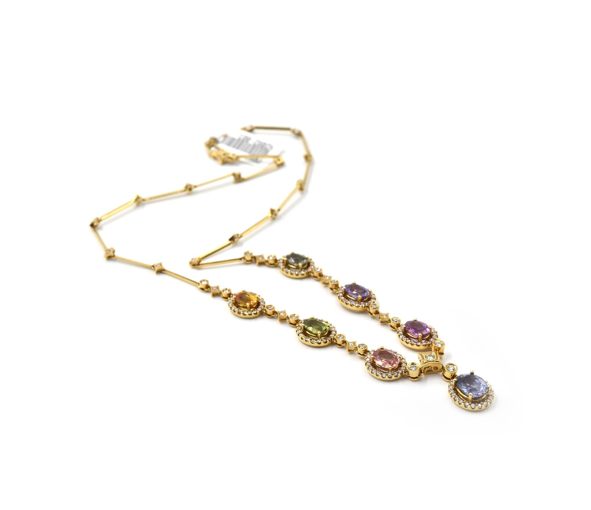 10.41 Carat Rainbow Sapphire and Diamond 18 Karat Yellow Gold Necklace In Excellent Condition In Scottsdale, AZ