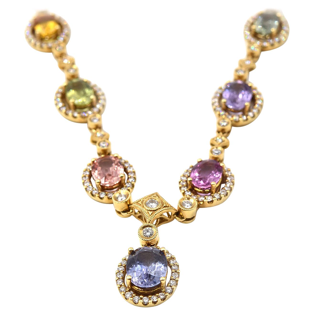 10.41 Carat Rainbow Sapphire and Diamond 18 Karat Yellow Gold Necklace