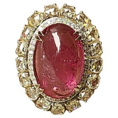 10.41 Carats, Natural Rubellite Cabochon & Rose Cut Diamonds Cocktail Ring