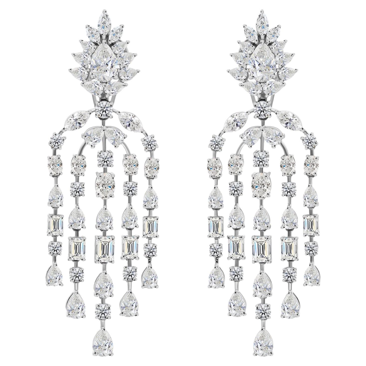 10.41 Ct Mix Cut Floral Diamond Cascade Chandelier Earrings in 18K White Gold For Sale