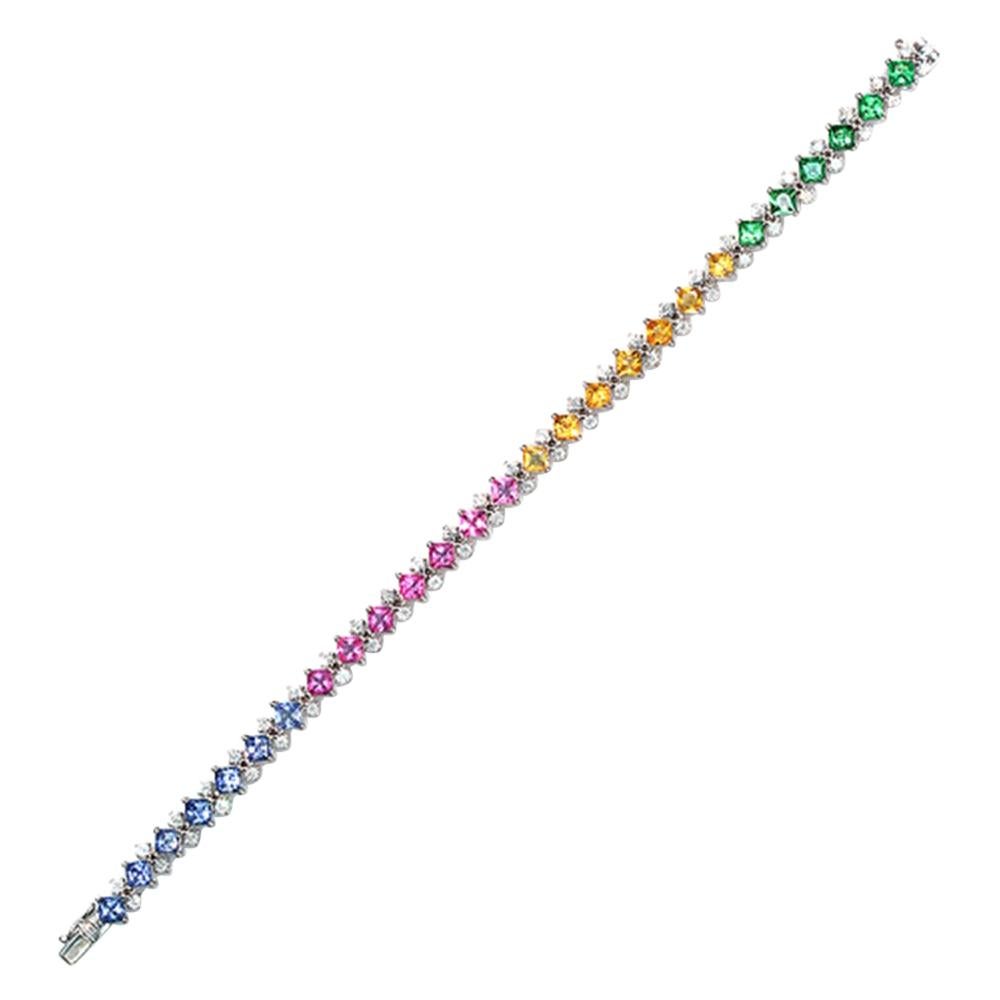 10.41 CT Multi Color Sapphire & 2.10 Diamonds in 18K White Gold Bracelet For Sale