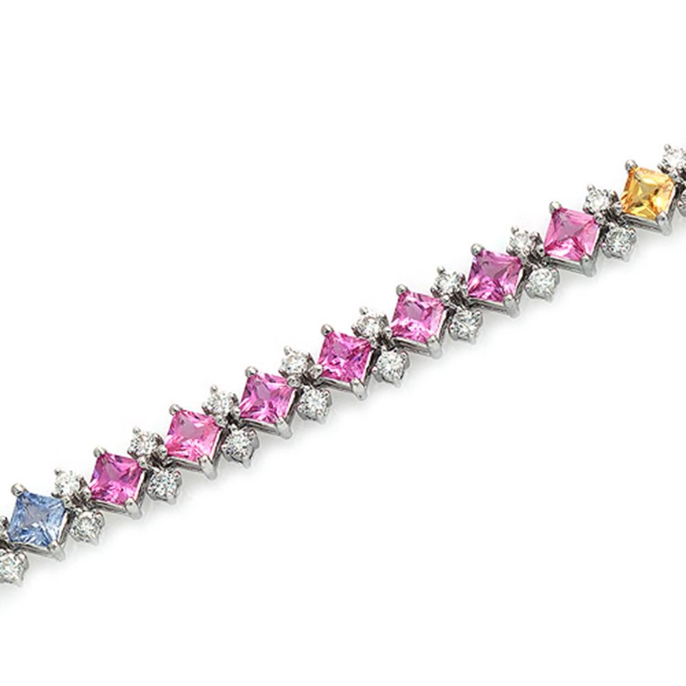 Round Cut 10.41 CT Multi Color Sapphire & 2.10 Diamonds in 18K White Gold Bracelet For Sale