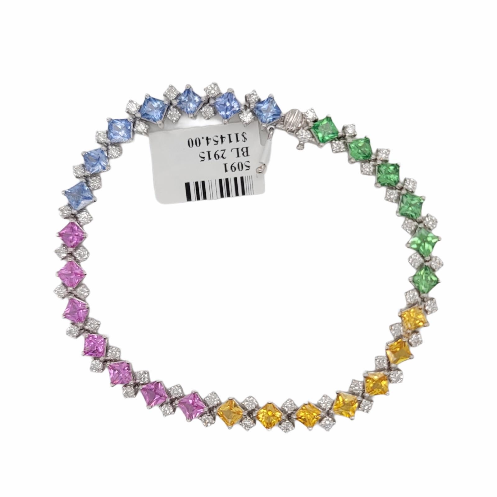 Women's or Men's 10.41 CT Multi Color Sapphire & 2.10 Diamonds in 18K White Gold Bracelet For Sale