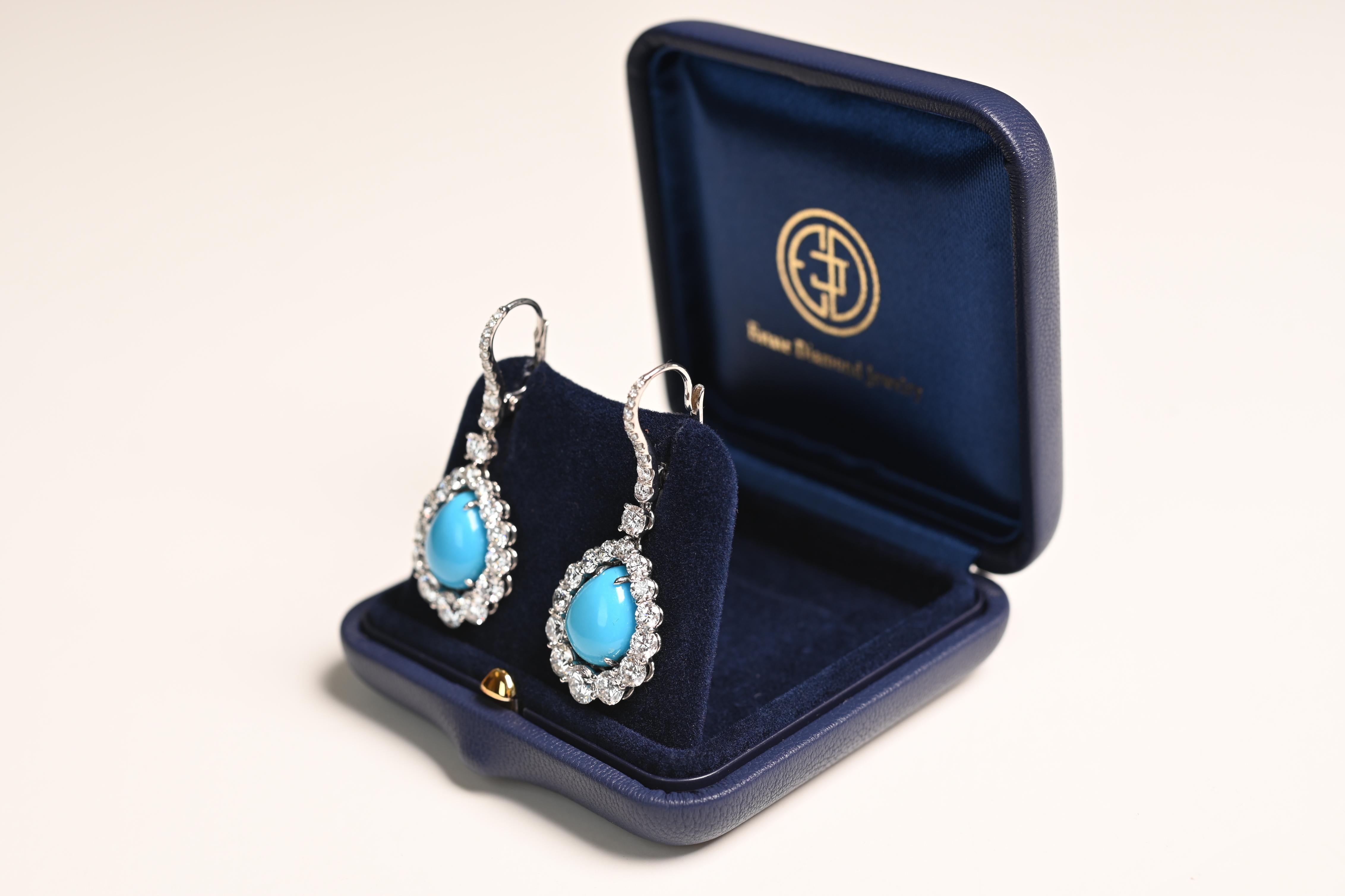 Art Deco Cabochon Turquoise Halo Earrings (Approx 10.40-Carats), Platinum For Sale