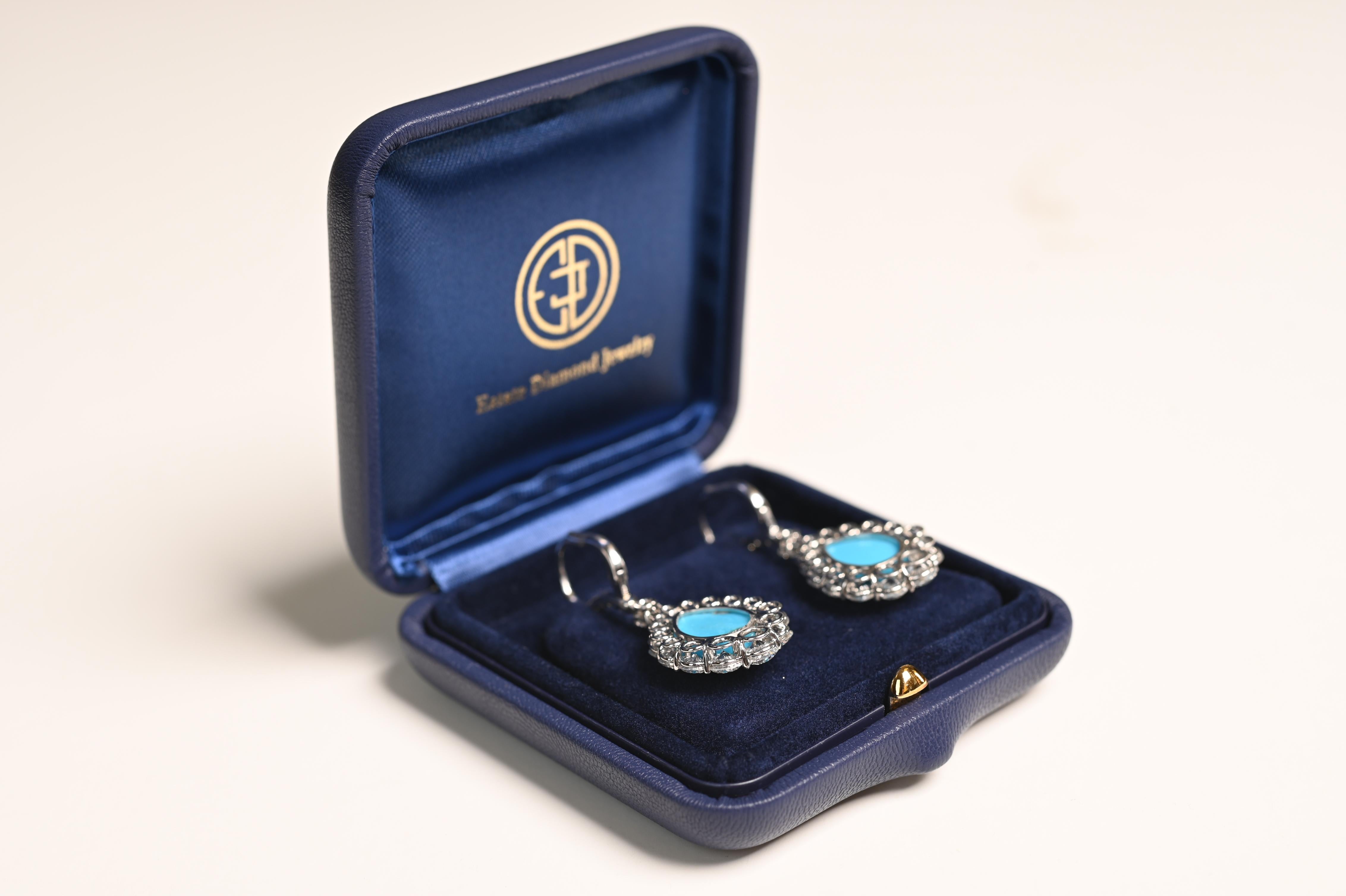 Cabochon Turquoise Halo Earrings (Approx 10.40-Carats), Platinum In Excellent Condition For Sale In New York, NY