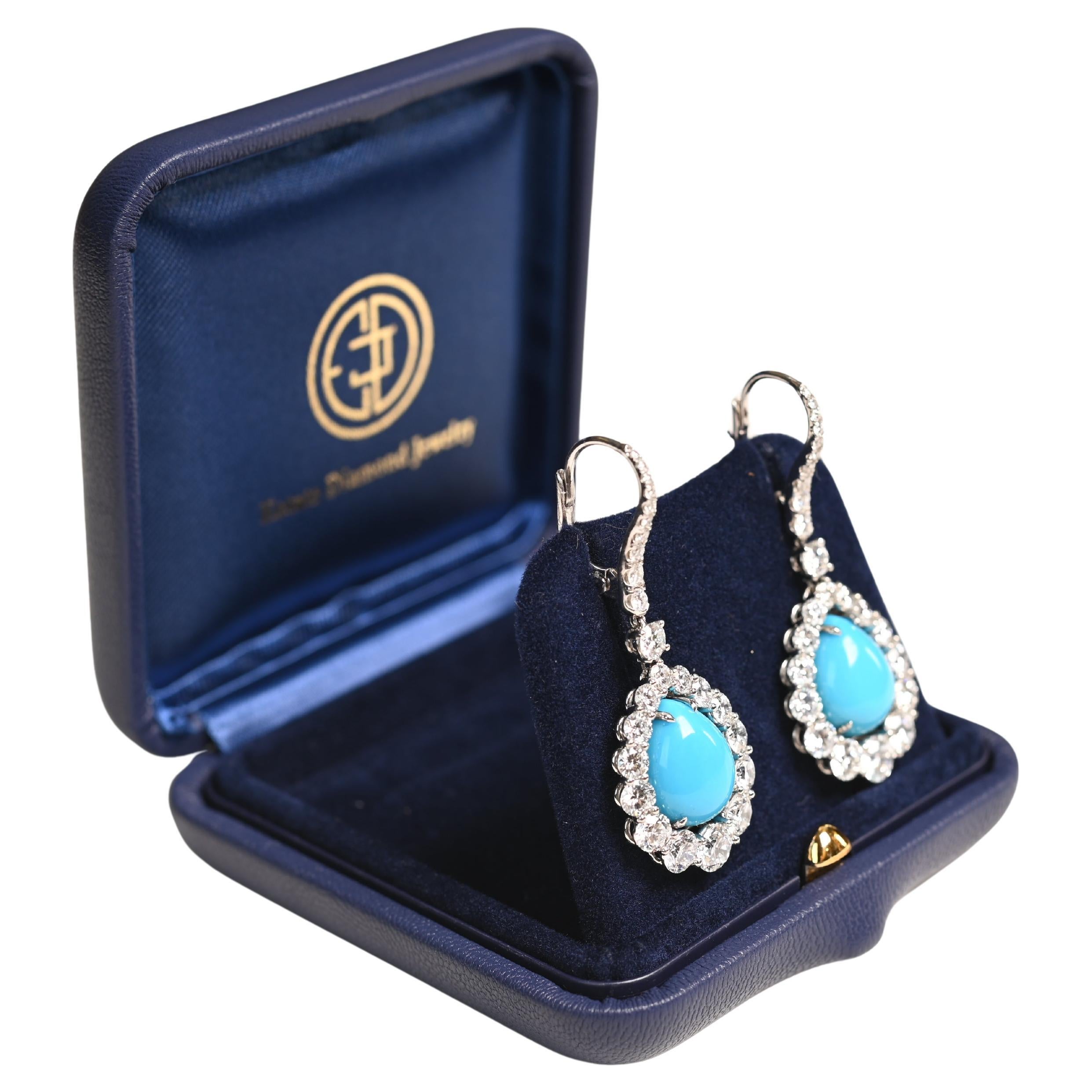 Cabochon Turquoise Halo Earrings (Approx 10.40-Carats), Platinum