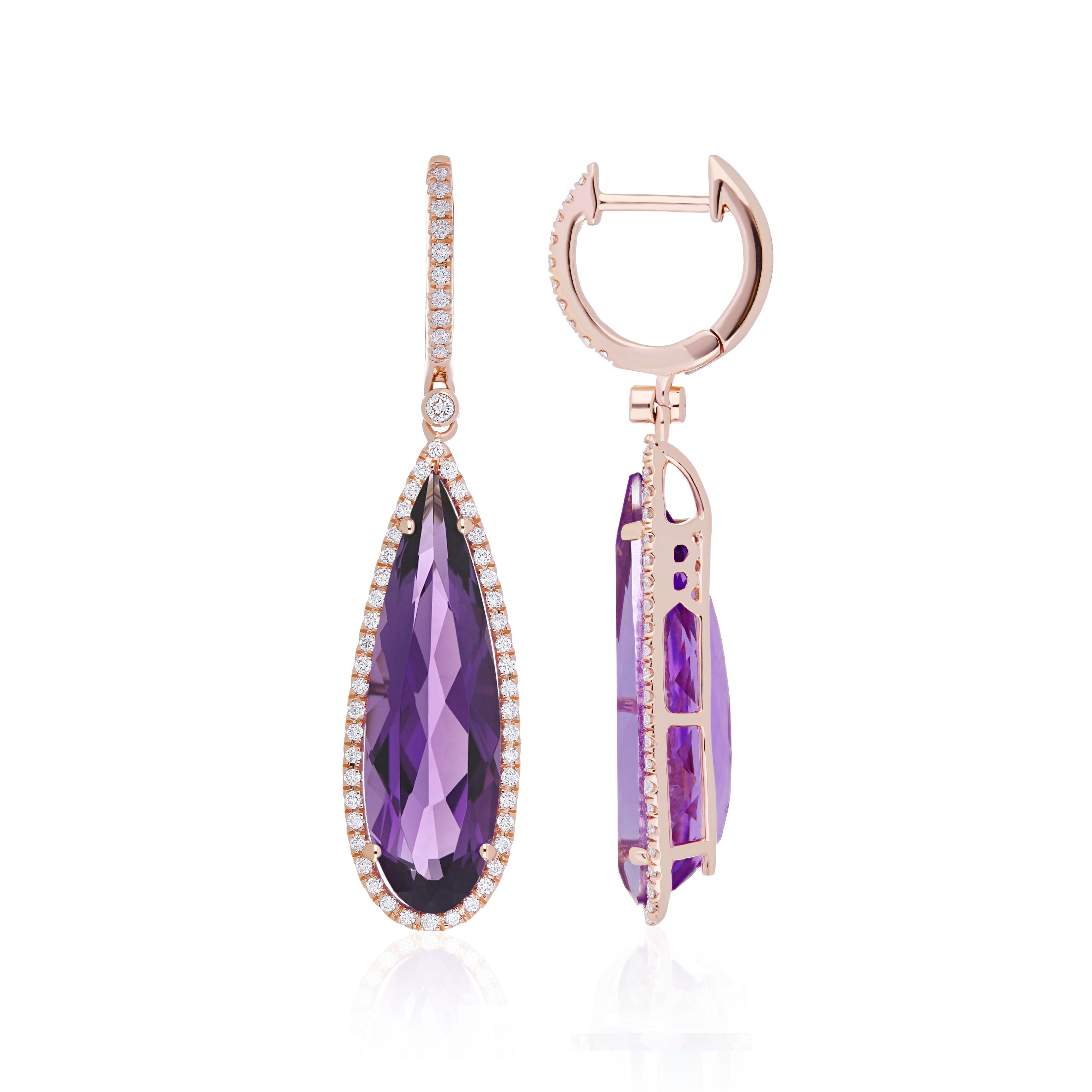 Elegant and Exquisitely Detailed Rose Gold Earring set with Elongated Pear Shape Amethyst weighing approx. 10.4 Cts and with micro prove set Diamonds weighing approx. 0.47Cts Beautifully Hand Crafted in 
14 karat, Rose Gold Earring.

Product