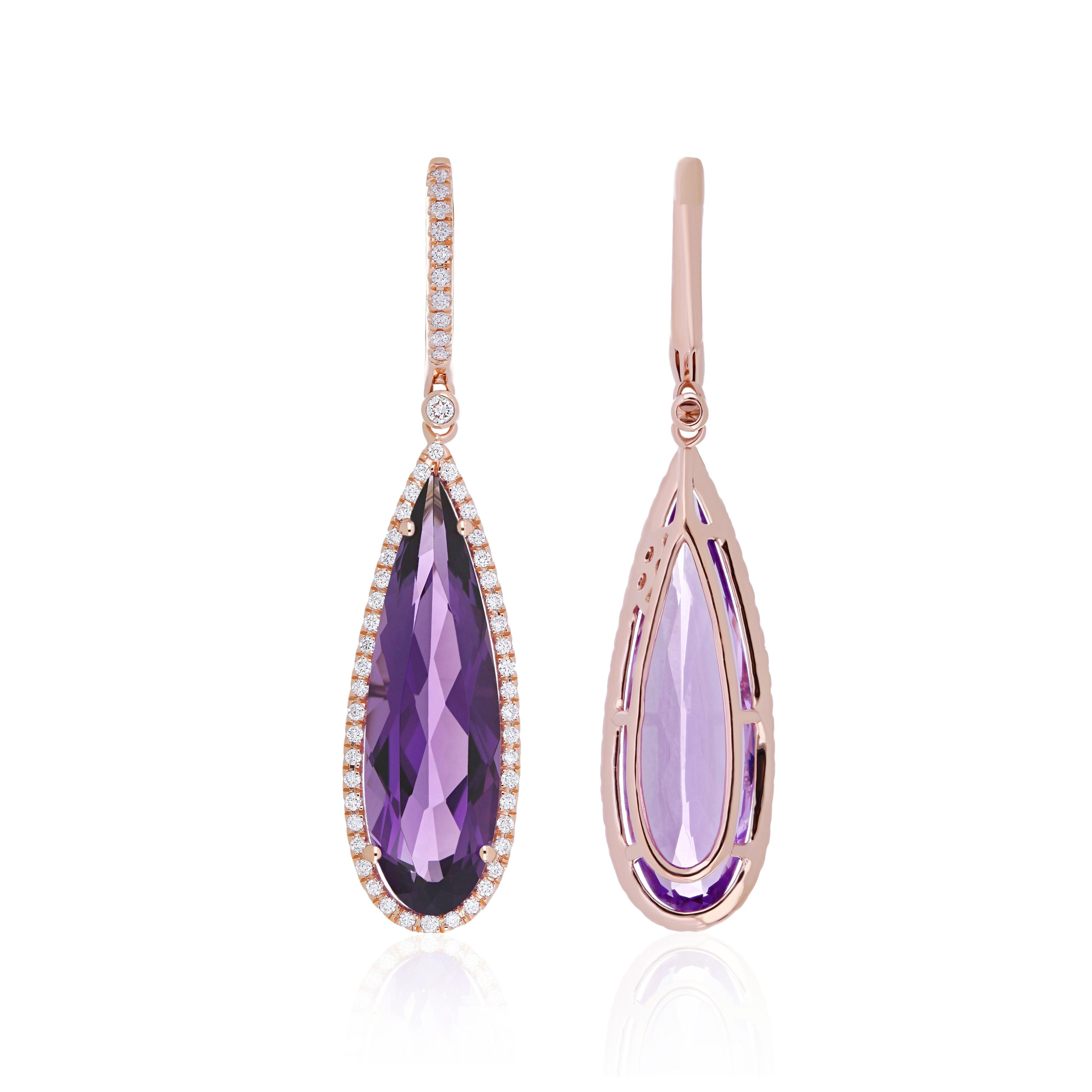 Pear Cut 10.41Cts Amethyst and Diamond Studded Earring in 14Karat, Rose Gold For Sale