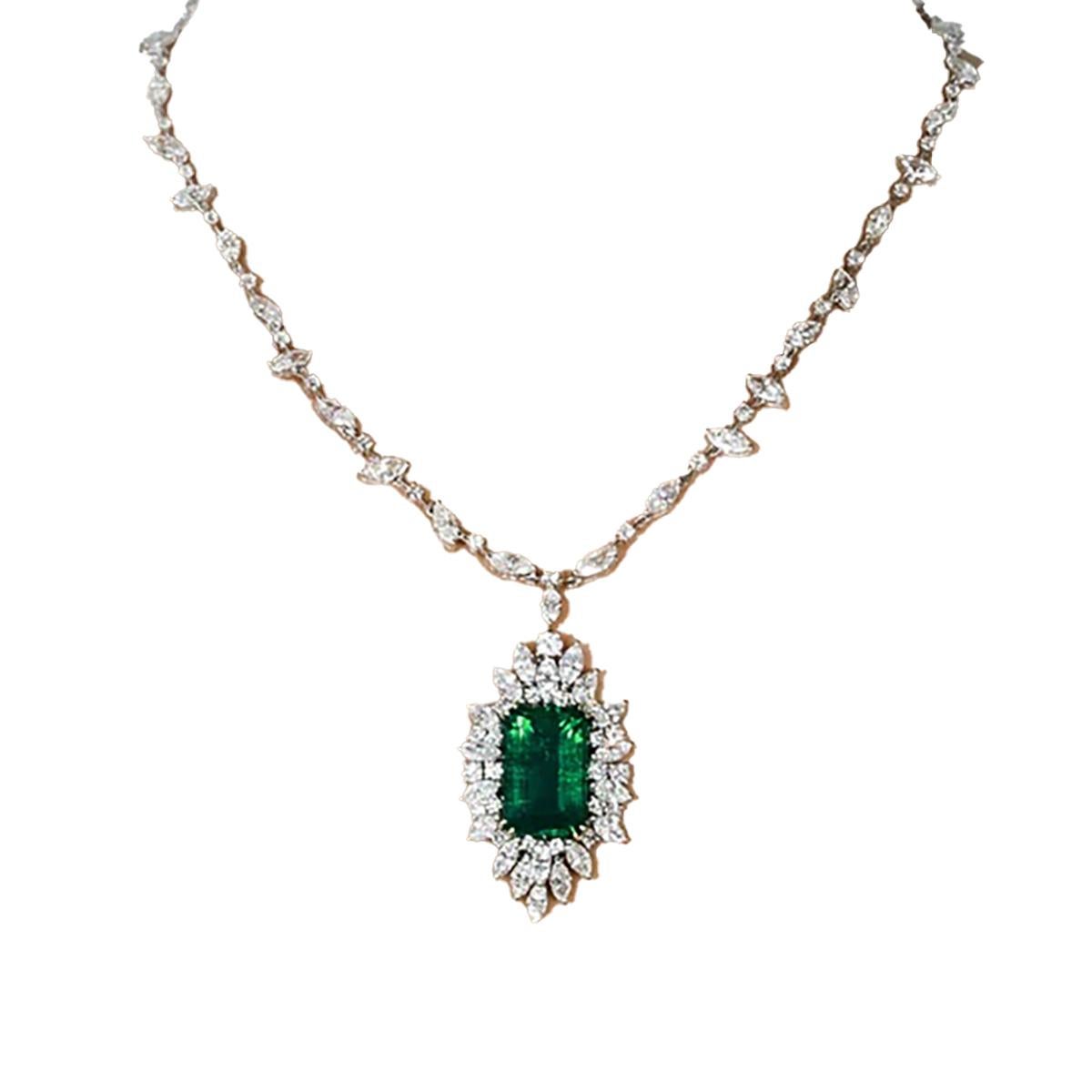 Emerald Cut 10.42 Carat Emerald Necklace For Sale