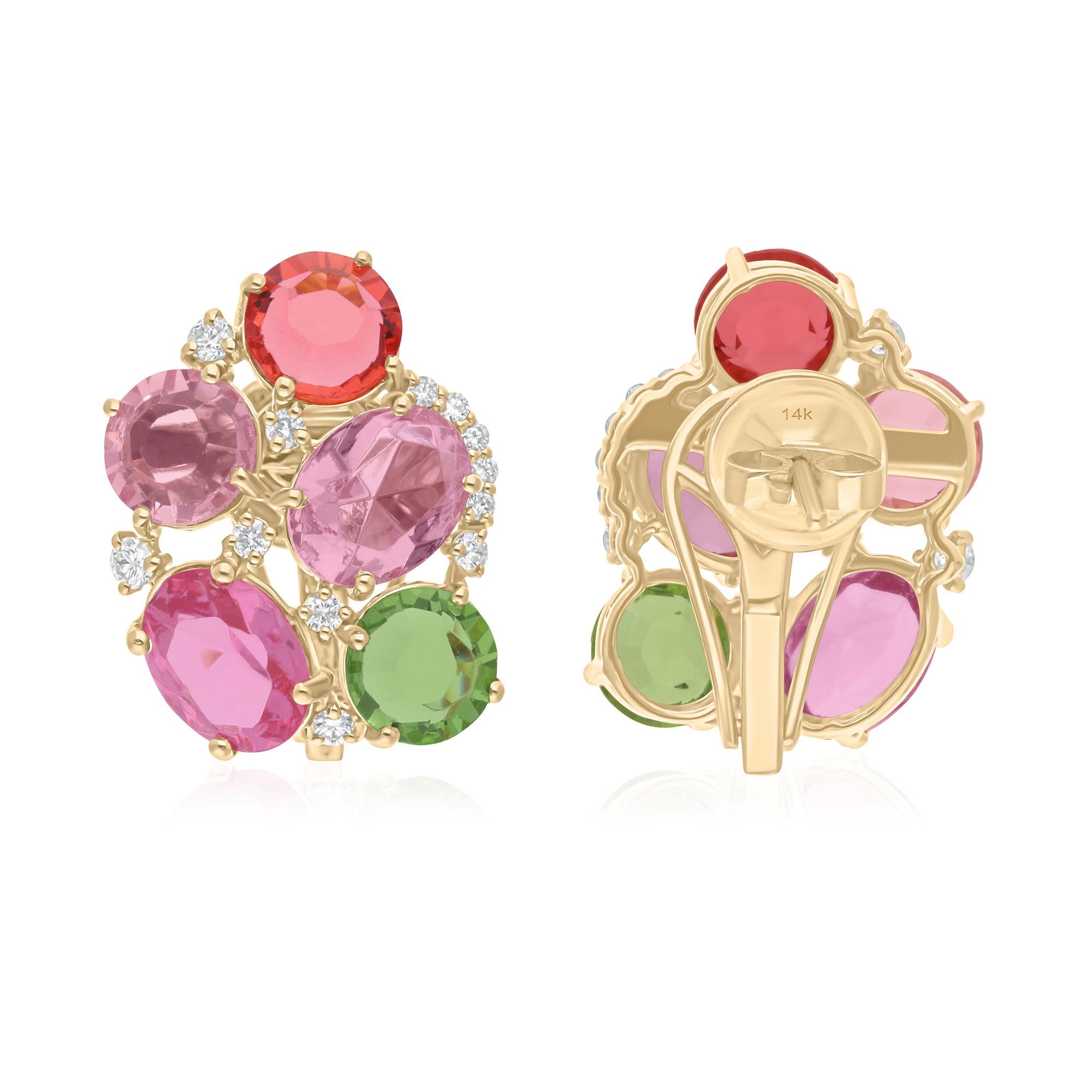 Cast from 14-karat gold, these exquisite earrings are handset with 10.42 carats multi gemstone and 0.36 carats of sparkling diamonds.

FOLLOW SPECTRUM JEWELS storefront to view the latest collection & exclusive pieces. Spectrum Jewels is proudly