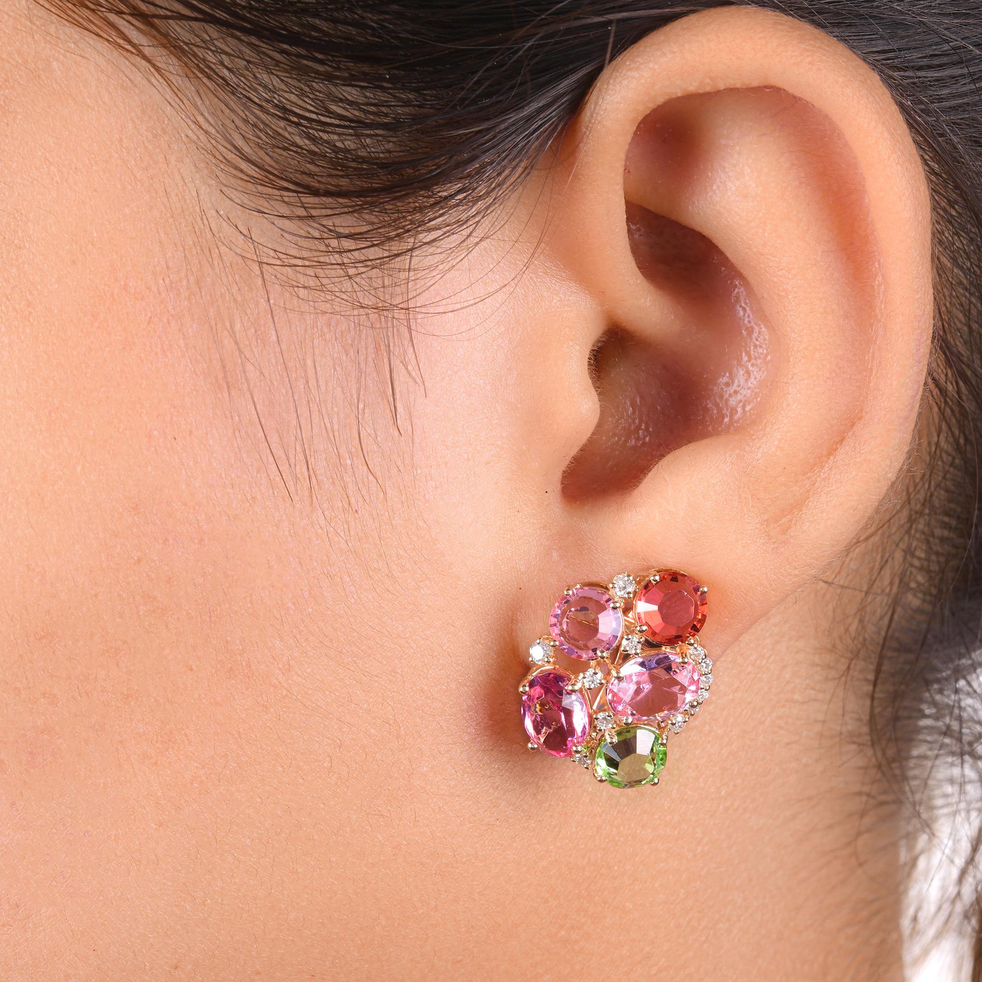 Oval Cut 10.42 Carat Multi Gemstone Earrings 0.36 Carat SI/H Diamond 14 Karat Yellow Gold For Sale
