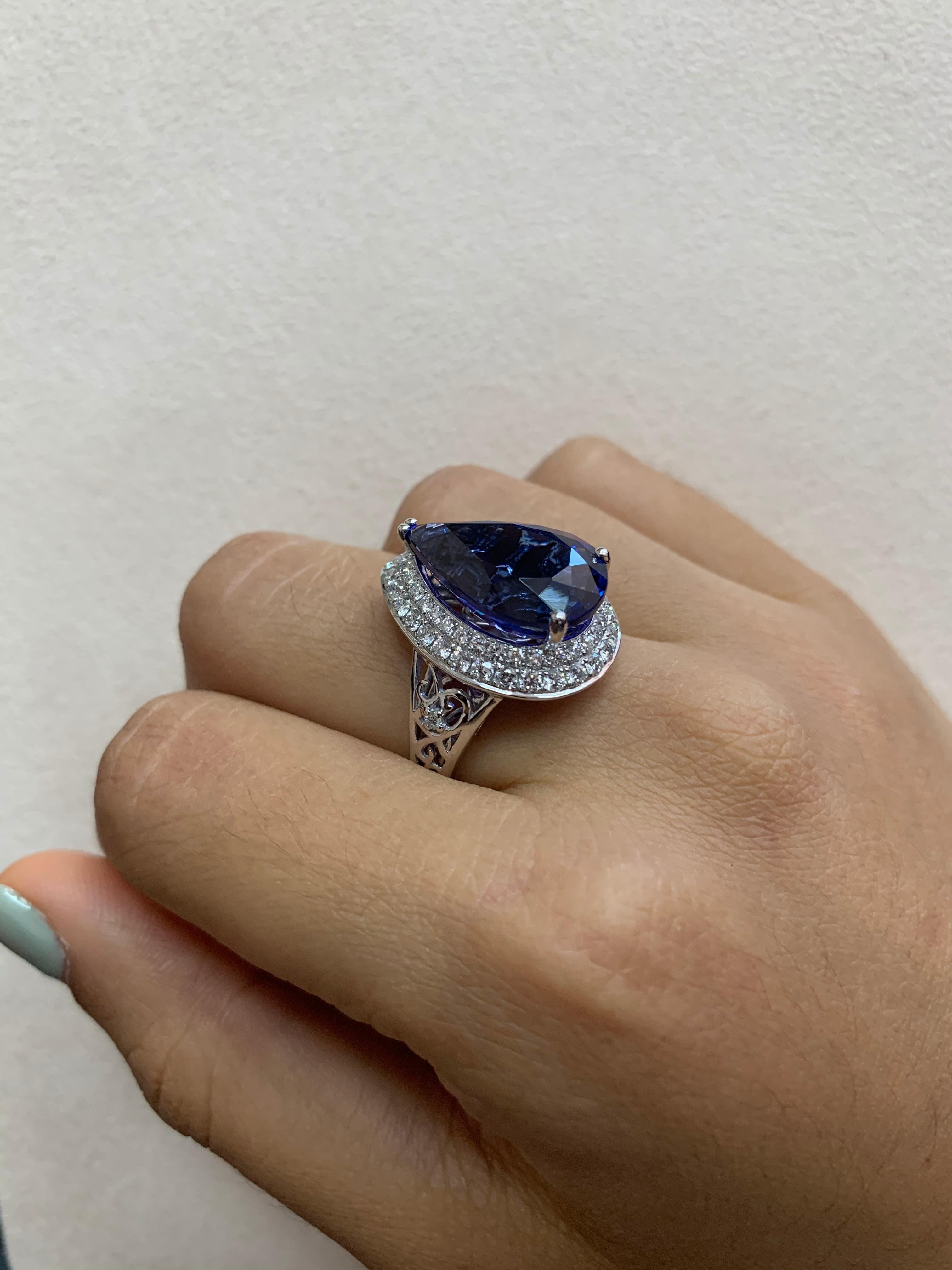 Pear Cut 10.4 Carat Tanzanite and White Diamond Ring in 18 Karat White Gold For Sale