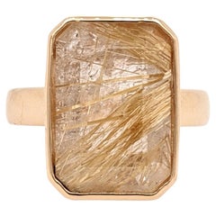 Vintage 10.42ct Classic Golden Rutile Quartz Ring in 18K Yellow Gold Emerald 17x11mm