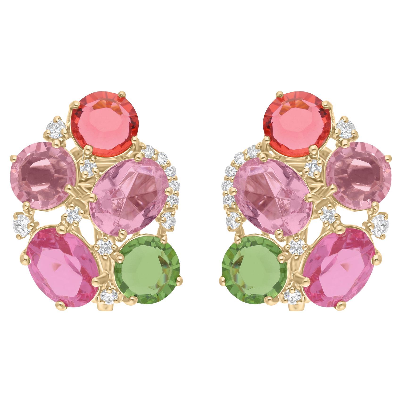 Pendientes de oro amarillo de 14 quilates con racimo de diamantes de 0,36 quilates y multigema de 10,42 quilates en venta